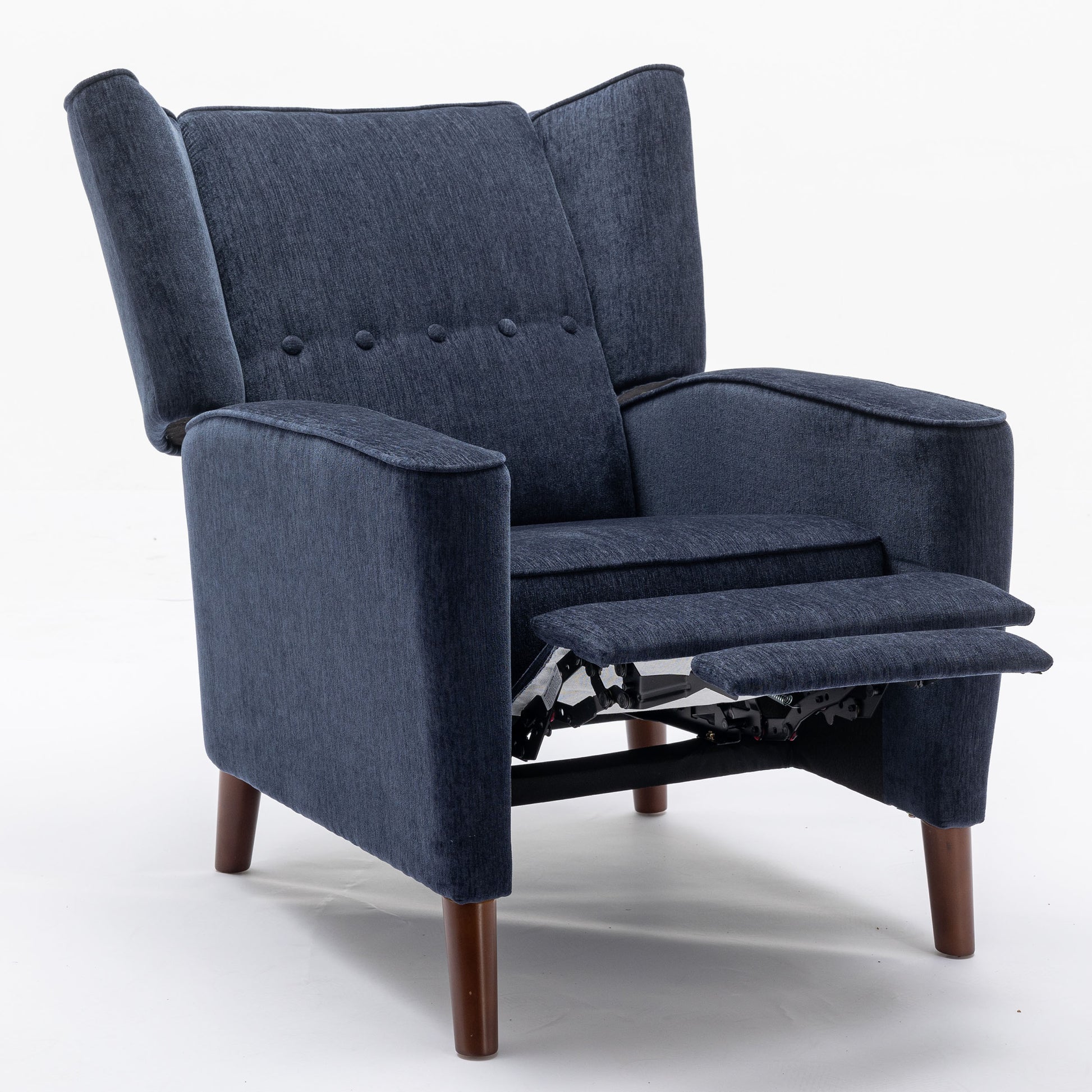 Mid Century Chenille Wingback Recliner Chair, Button Tufted Design Pushback Recliner Chair With Armrest And Solid Wood Legs, For Bedroom Living Room, Navy Blue Navy Blue Chenille