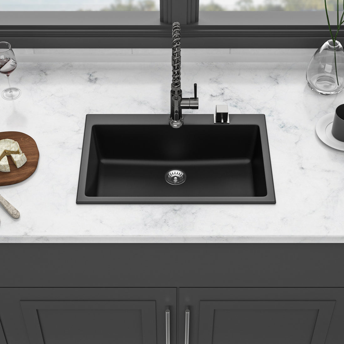 Quartz Kitchen Sink 33X22" Black Granite