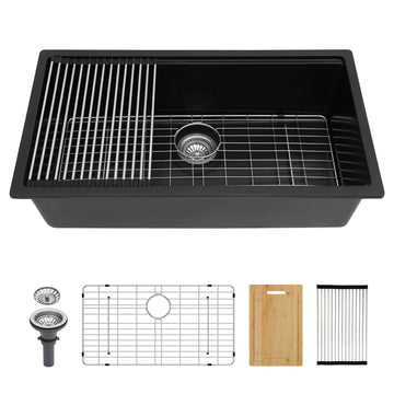 Quartz Kitchen Sink 32X19" Black Granite Composite Workstation Undermount Kitchen Sink Black Quartz