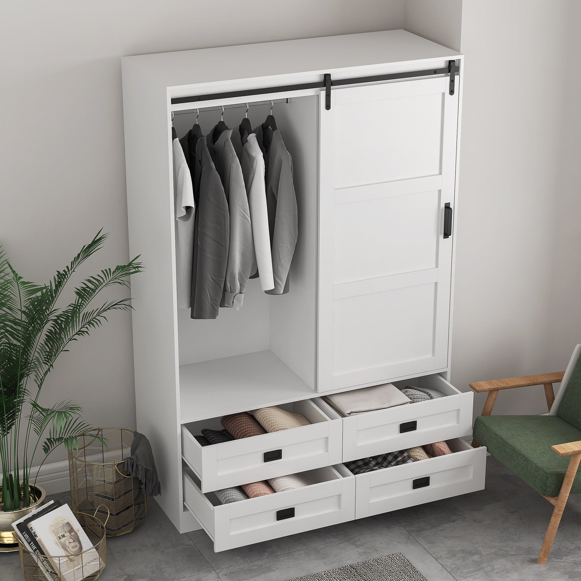 Tall Bedroom Armoire Wardrobe Closet Clothing Storage Cabinet With Hanging Rod Barn Door Drawers Open Shelves White Mdf