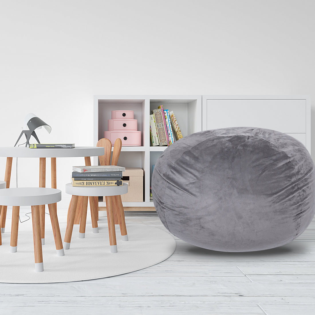 Minky Velvet Bean Bag Chair, Grey 5Ft Plush Floor Chair For Kids And Adults W Washable Cover, Lounge Chair With Stretchable Fabric, Comfy Bedroom Chair, Filled With Shredded And Memory Foam. Gray Velvet