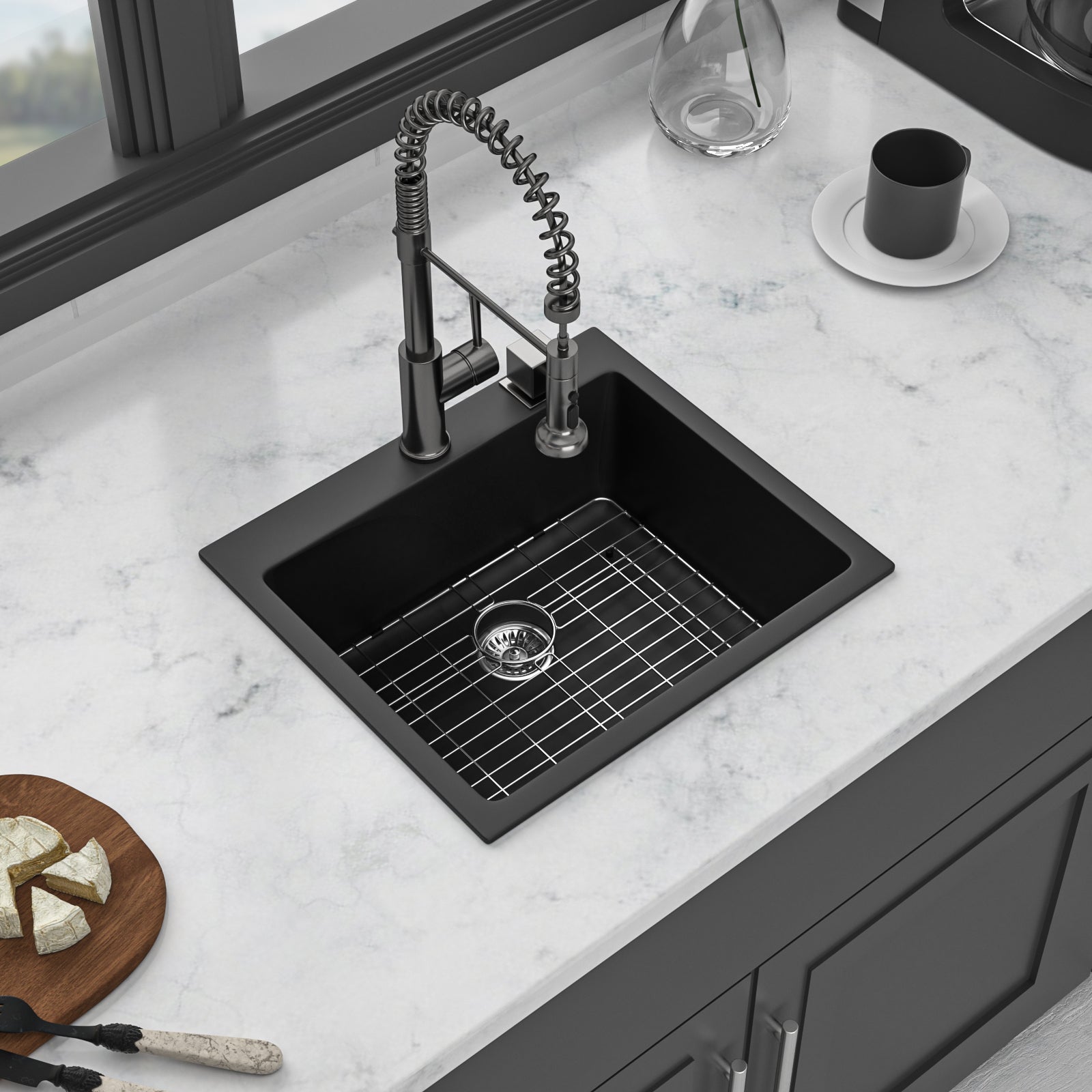 Quartz Kitchen Sink 25X22" Black Granite Composite Drop In Kitchen Sink Black Quartz