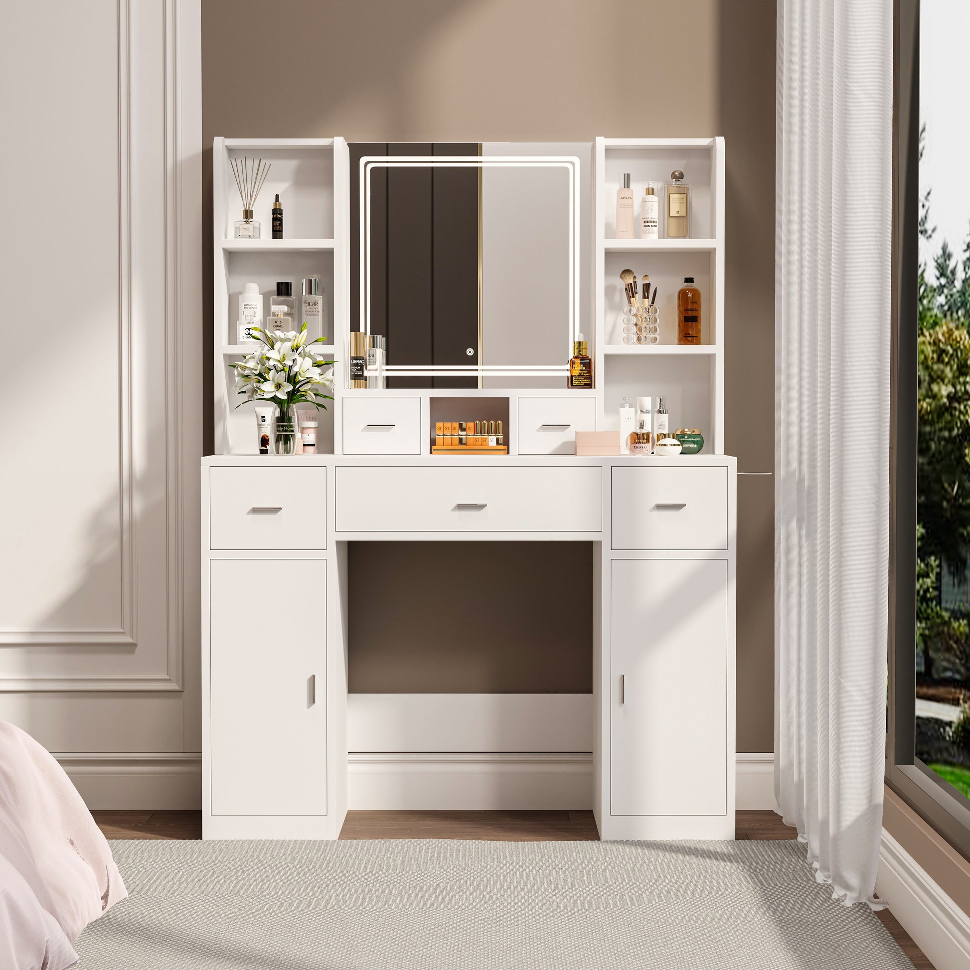 Newly Designed Smart Mirror Dressing Table With Drawers And Storage Cabinet, Dressing Table With Dressing Pad For Bedroom, Dressing Room White Mdf Glass