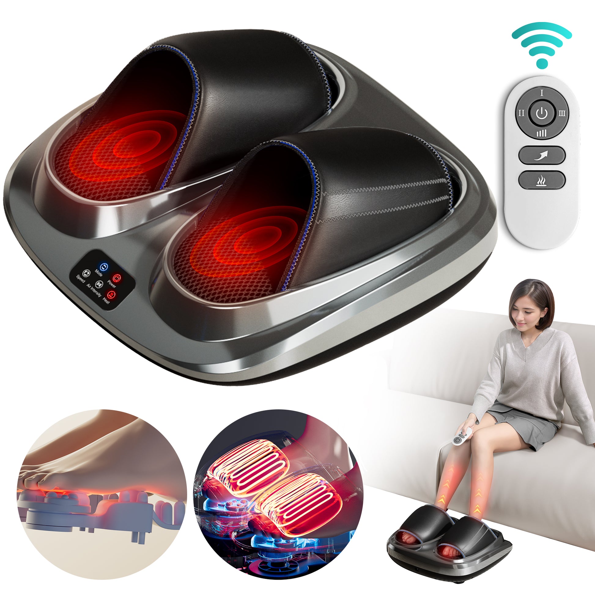 Shiatsu Foot Massager With Heat And Deep Kneading Therapy, Air Compression, Vibration For Pain Relief And Circulation, Open Toe Style,Home Or Office Use Grey Abs Abs Pc