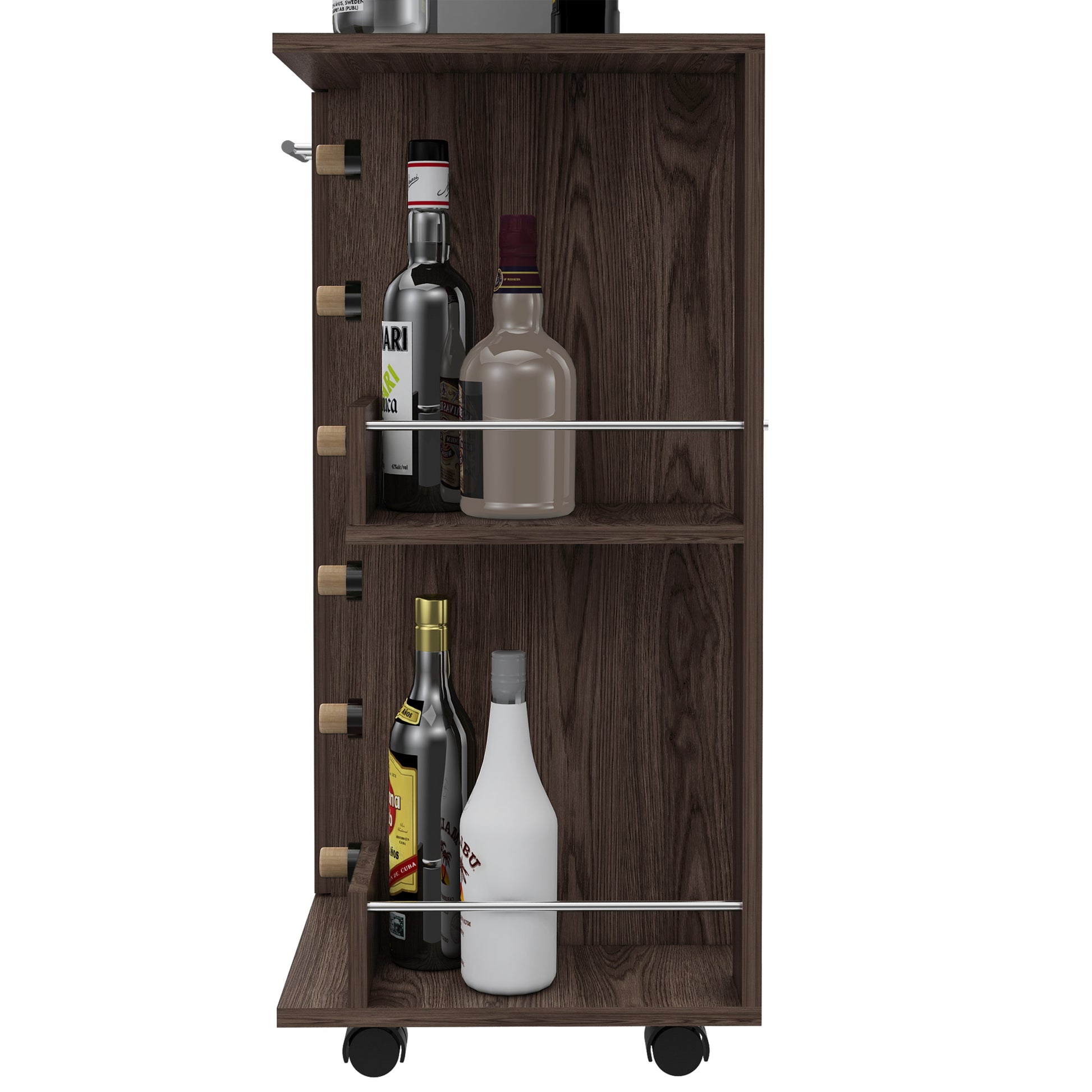 Tennessee Bar Cart, One Cabinet With Division, Six Cubbies For Liquor, Two Shelves Brown Primary Living Space Open Storage Space Modern Particle Board Engineered Wood