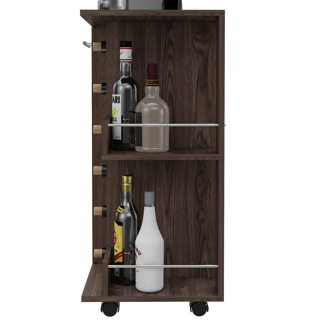 Bar Cart, Two External Shelves, Four Casters, Six Built In Wine Rack, Single Door Cabinet Dark Walnut Brown Dining Room Modern Particle Board Particle Board