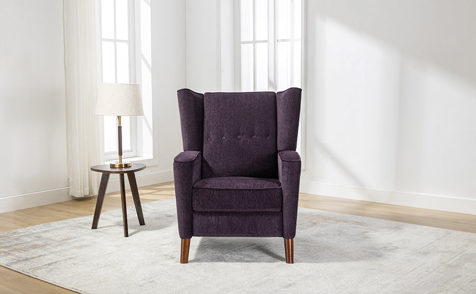 Mid Century Chenille Wingback Recliner Chair, Button Tufted Design Pushback Recliner Chair With Armrest And Solid Wood Legs, For Bedroom Living Room, Purple Purple Chenille