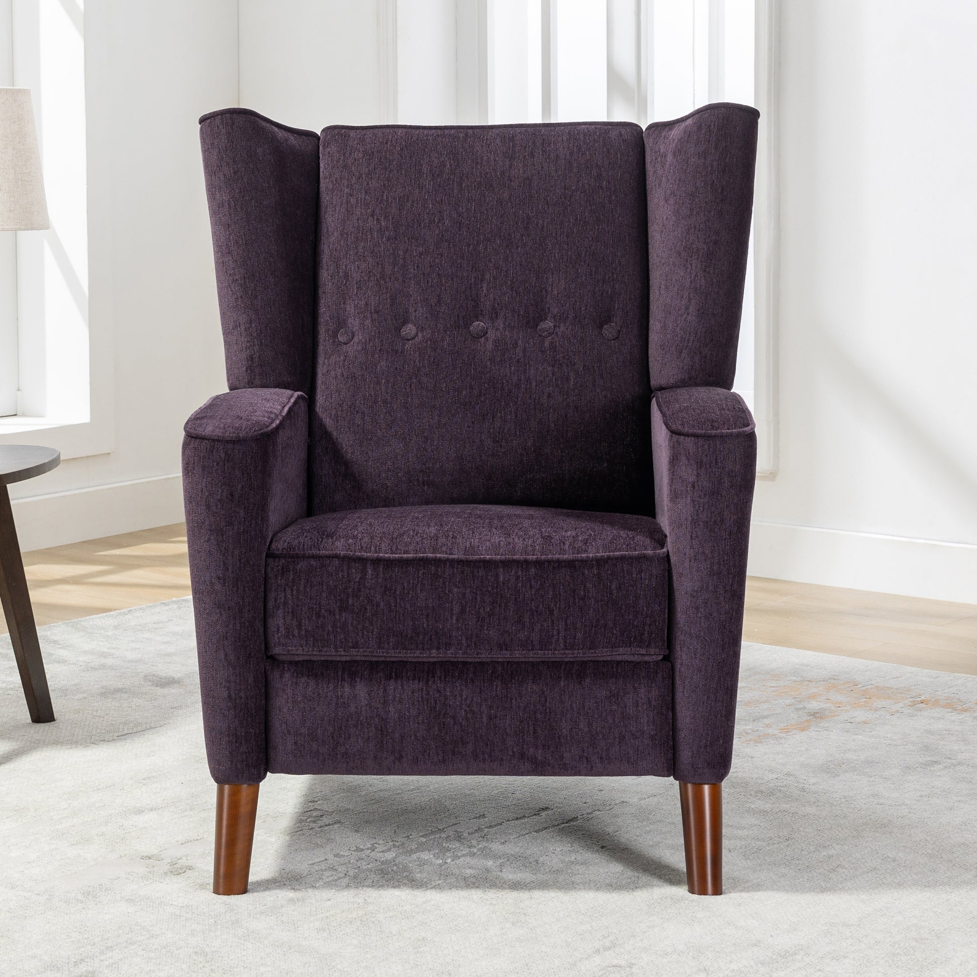 Mid Century Chenille Wingback Recliner Chair, Button Tufted Design Pushback Recliner Chair With Armrest And Solid Wood Legs, For Bedroom Living Room, Purple Purple Chenille