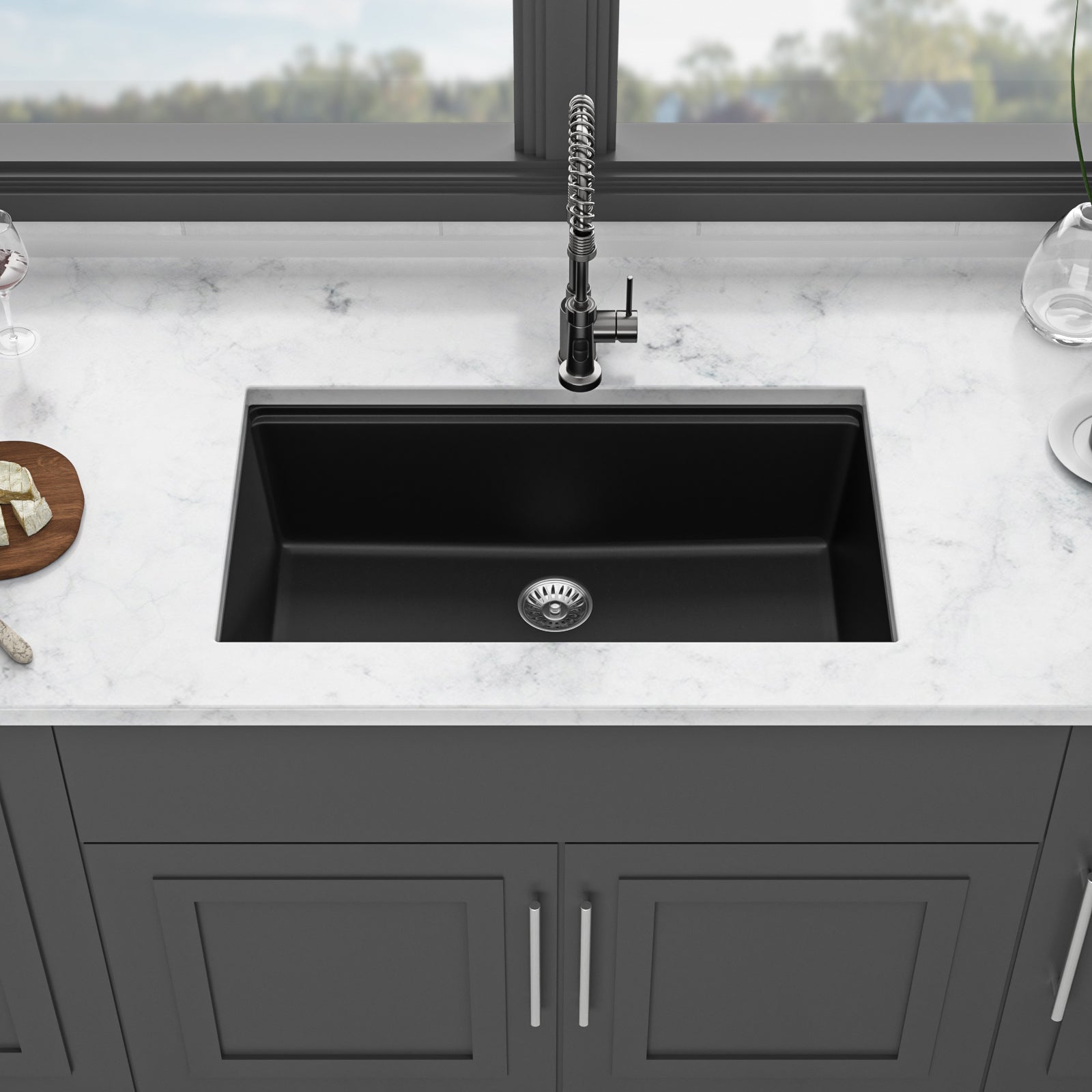 Quartz Kitchen Sink 30X19" Black Granite Composite Workstation Undermount Kitchen Sink Black Quartz