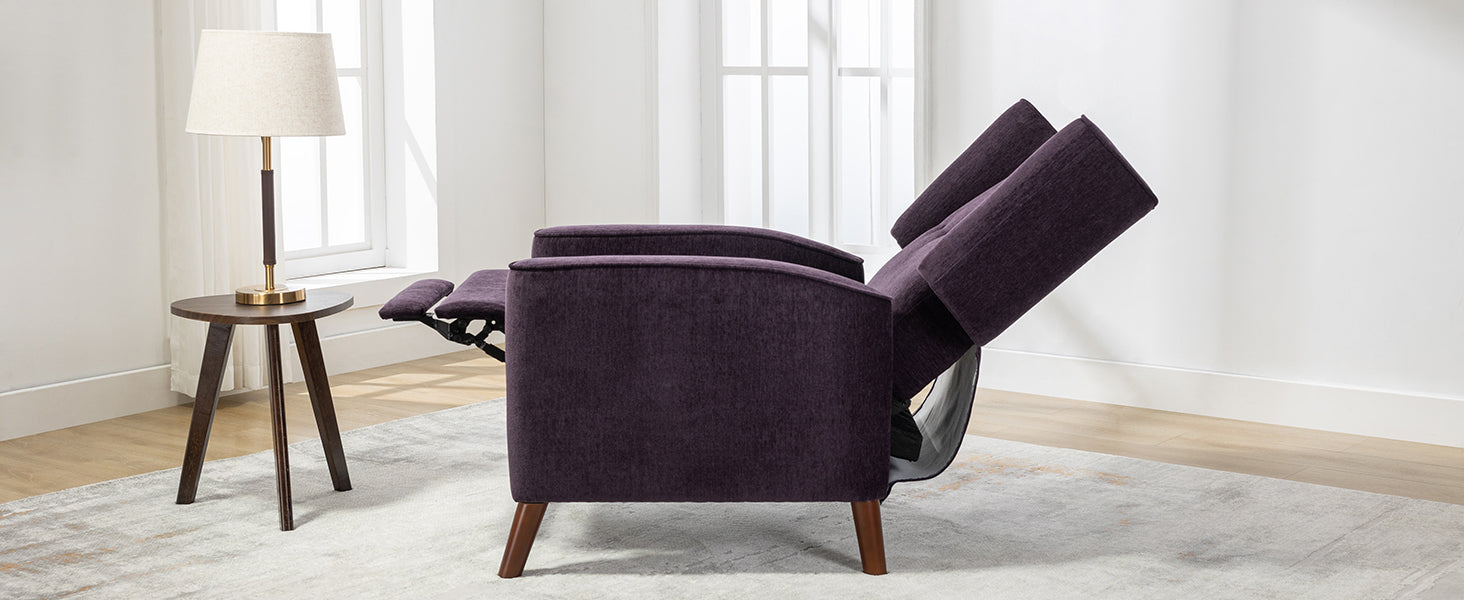 Mid Century Chenille Wingback Recliner Chair, Button Tufted Design Pushback Recliner Chair With Armrest And Solid Wood Legs, For Bedroom Living Room, Purple Purple Chenille