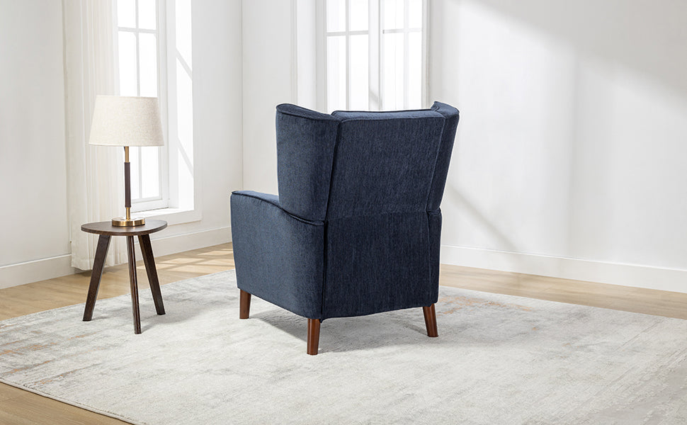 Mid Century Chenille Wingback Recliner Chair, Button Tufted Design Pushback Recliner Chair With Armrest And Solid Wood Legs, For Bedroom Living Room, Navy Blue Navy Blue Chenille