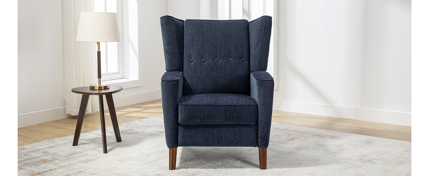 Mid Century Chenille Wingback Recliner Chair, Button Tufted Design Pushback Recliner Chair With Armrest And Solid Wood Legs, For Bedroom Living Room, Navy Blue Navy Blue Chenille
