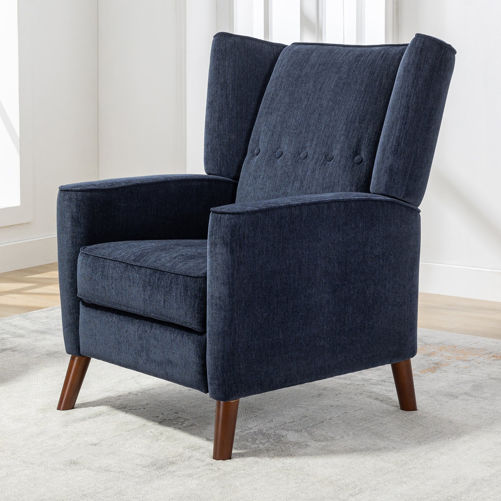 Mid Century Chenille Wingback Recliner Chair, Button Tufted Design Pushback Recliner Chair With Armrest And Solid Wood Legs, For Bedroom Living Room, Navy Blue Navy Blue Chenille