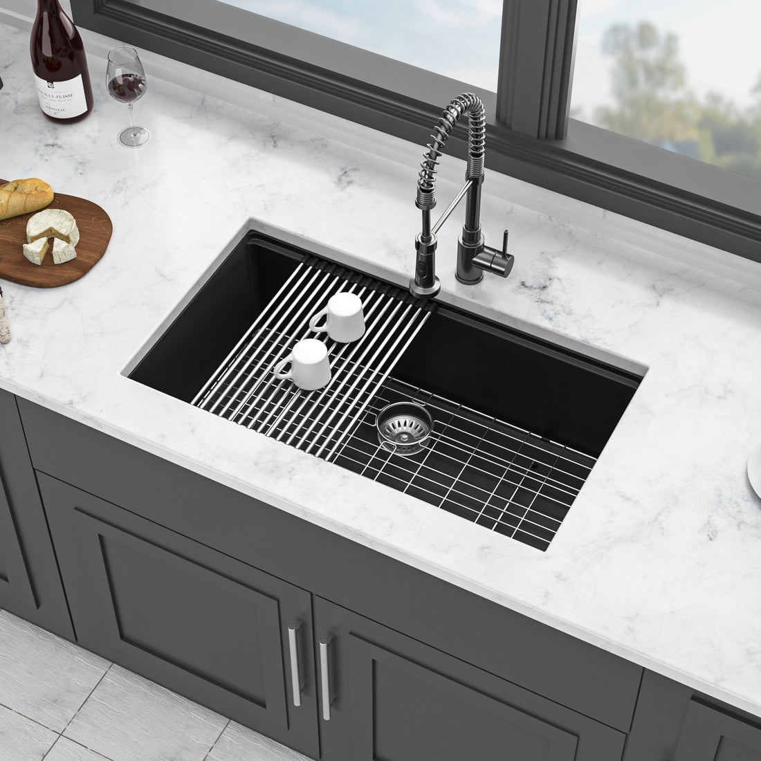 Quartz Kitchen Sink 30X19" Black Granite Composite Workstation Undermount Kitchen Sink Black Quartz