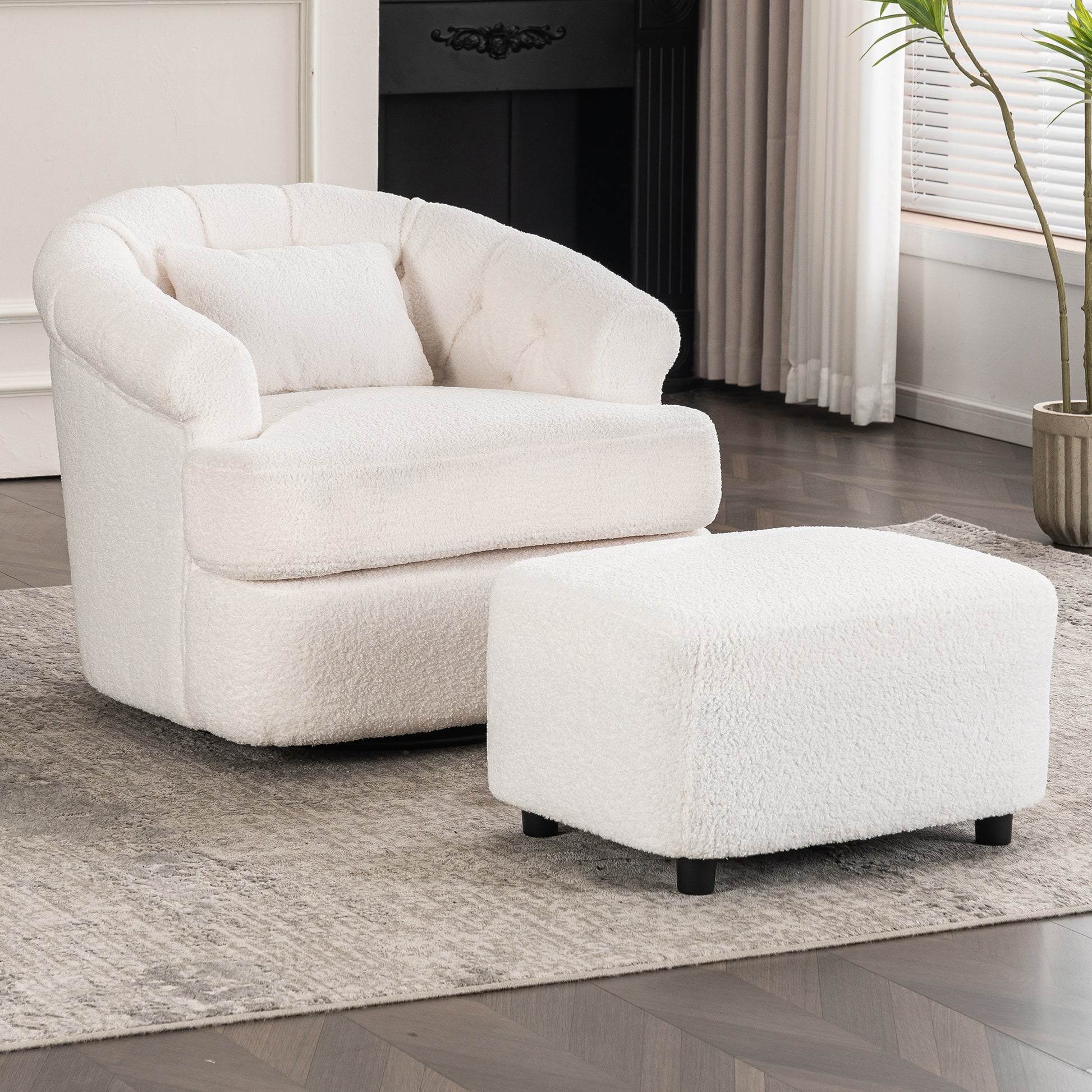 Swivel Chair With Ottoman, Modern Luxury Velvet Swivel Accent Chair, Comfy Round Armchair, Single Sofa Armchair With Lounge Seat For Bedroom Office Reading Spaces,Set Of 1,Off White Beige Teddy