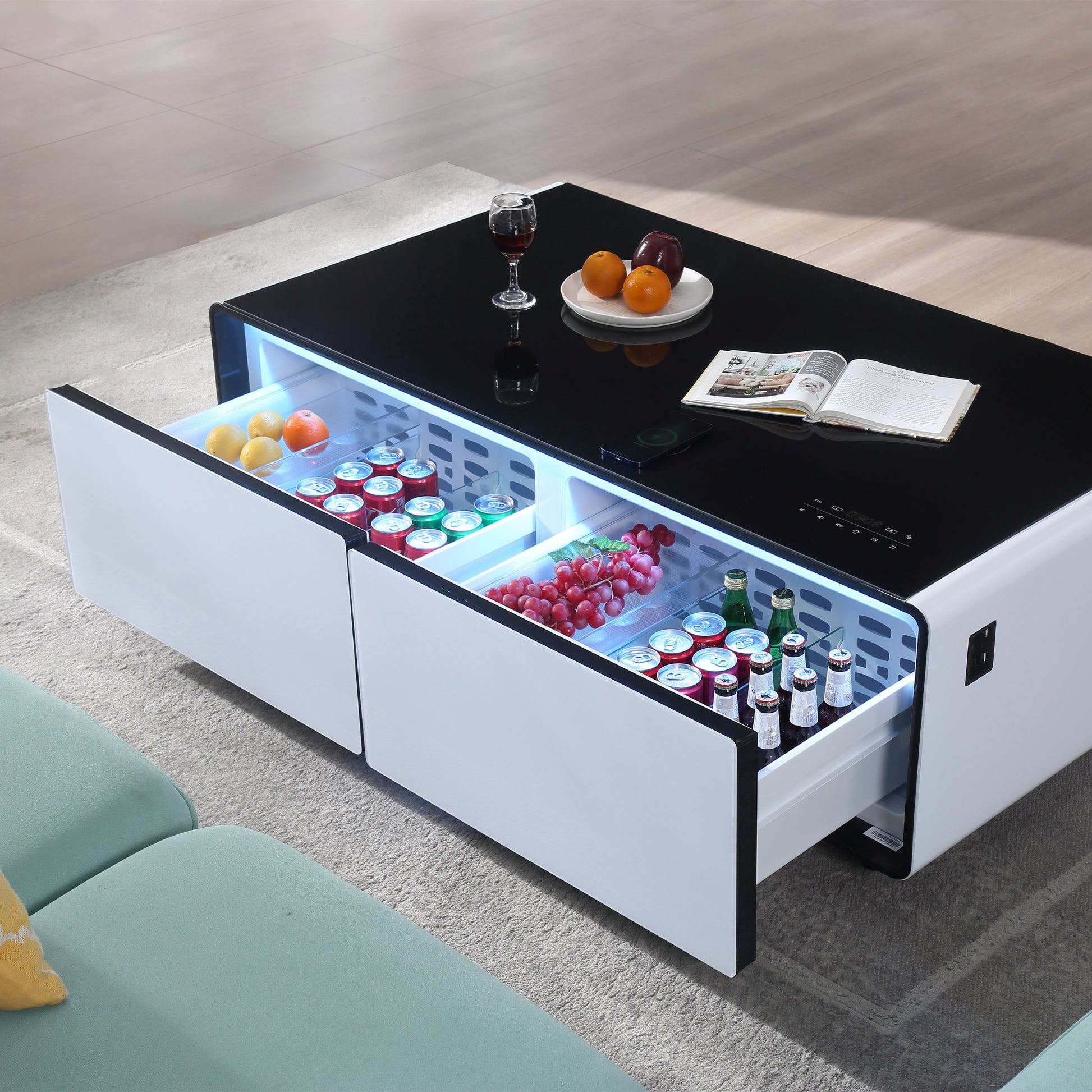 Modern Smart Coffee Table with Built in Fridge white+black-built-in outlets or usb-primary