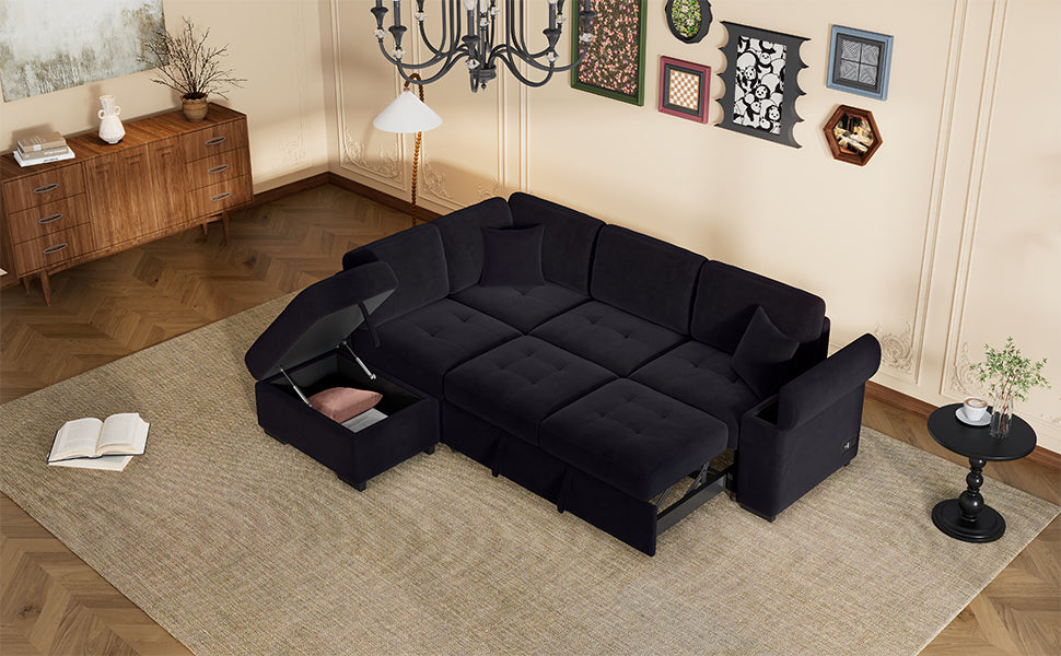 Sleeper Sectional Sofa, L Shape Corner Couch Sofa Bed With Storage Ottoman & Hidden Arm Storage & Usb Charge For Living Room Apartment, Black Black Velvet 4 Seat