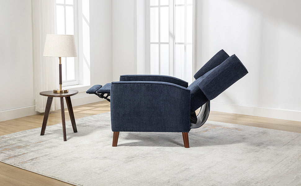 Mid Century Chenille Wingback Recliner Chair, Button Tufted Design Pushback Recliner Chair With Armrest And Solid Wood Legs, For Bedroom Living Room, Navy Blue Navy Blue Chenille