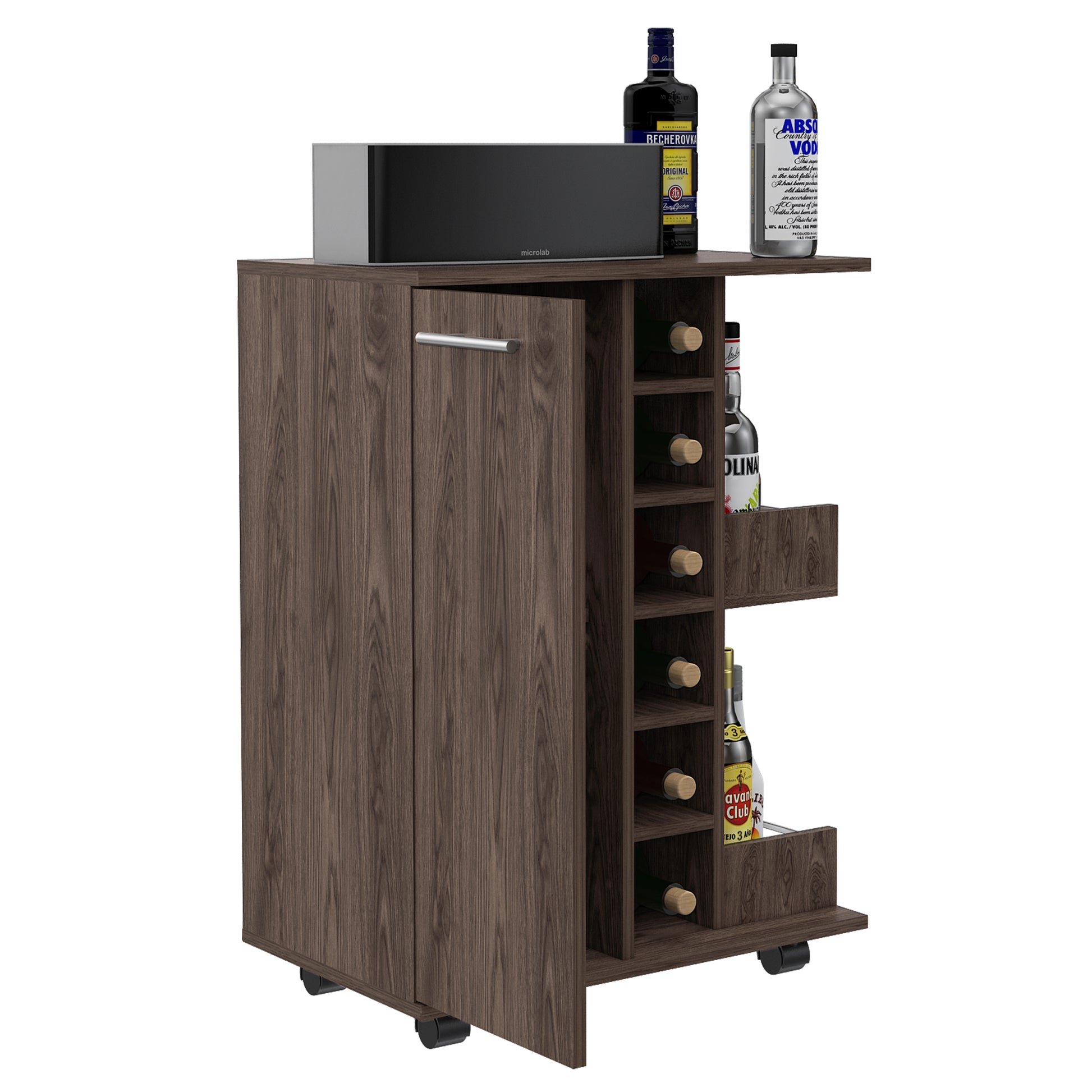 Bar Cart, Two External Shelves, Four Casters, Six Built In Wine Rack, Single Door Cabinet Dark Walnut Brown Dining Room Modern Particle Board Particle Board