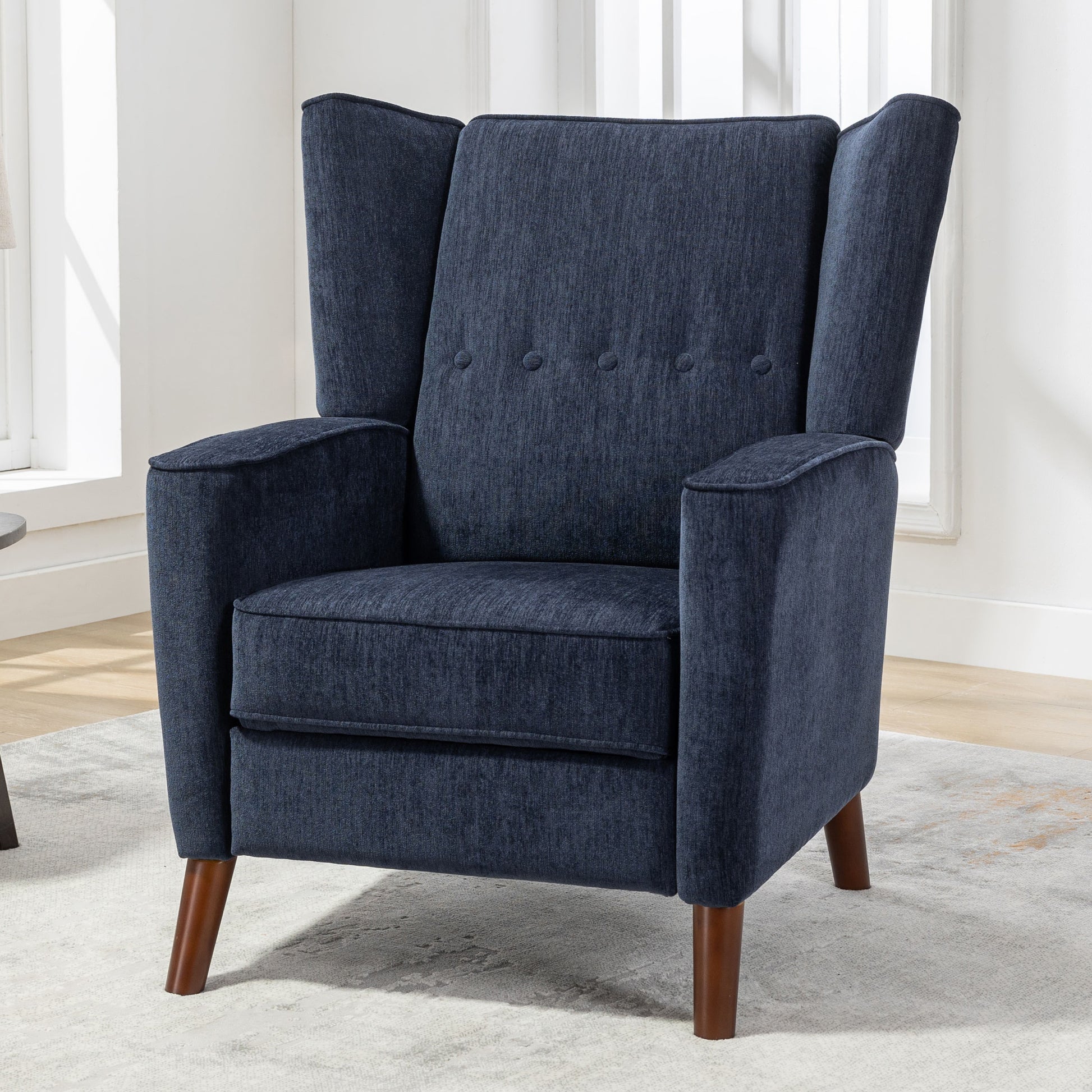 Mid Century Chenille Wingback Recliner Chair, Button Tufted Design Pushback Recliner Chair With Armrest And Solid Wood Legs, For Bedroom Living Room, Navy Blue Navy Blue Chenille