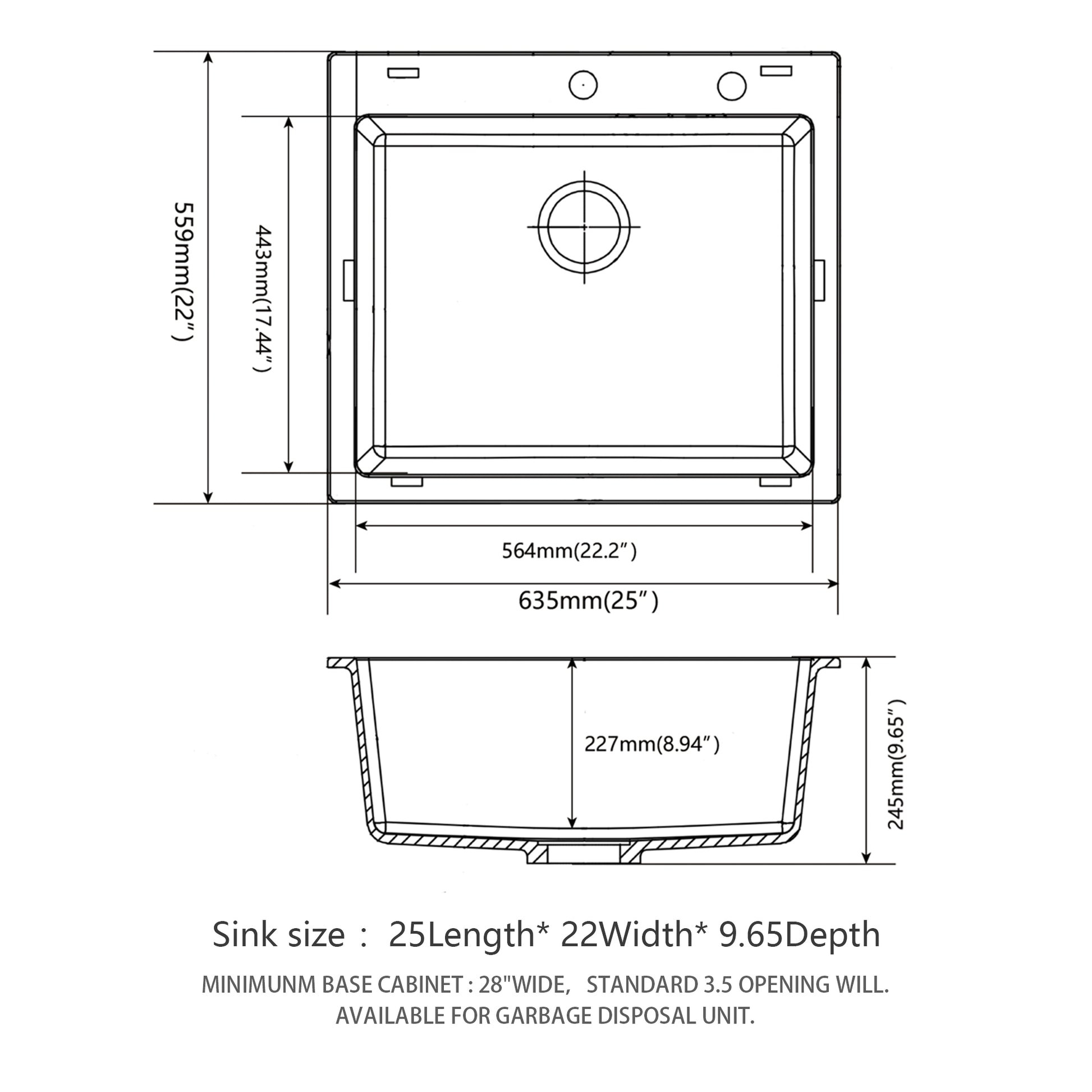 Quartz Kitchen Sink 25X22" Black Granite Composite Drop In Kitchen Sink Black Quartz