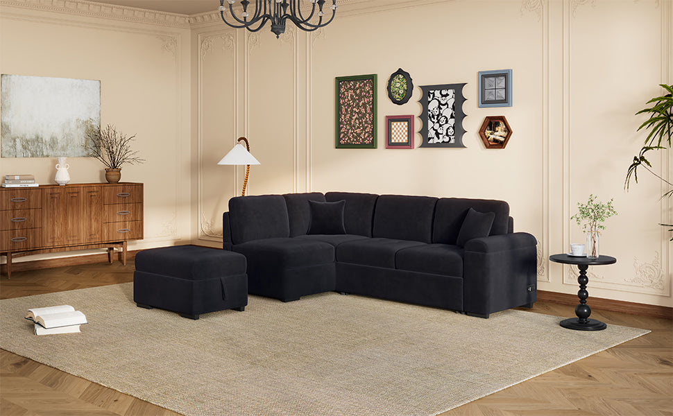 Sleeper Sectional Sofa, L Shape Corner Couch Sofa Bed With Storage Ottoman & Hidden Arm Storage & Usb Charge For Living Room Apartment, Black Black Velvet 4 Seat