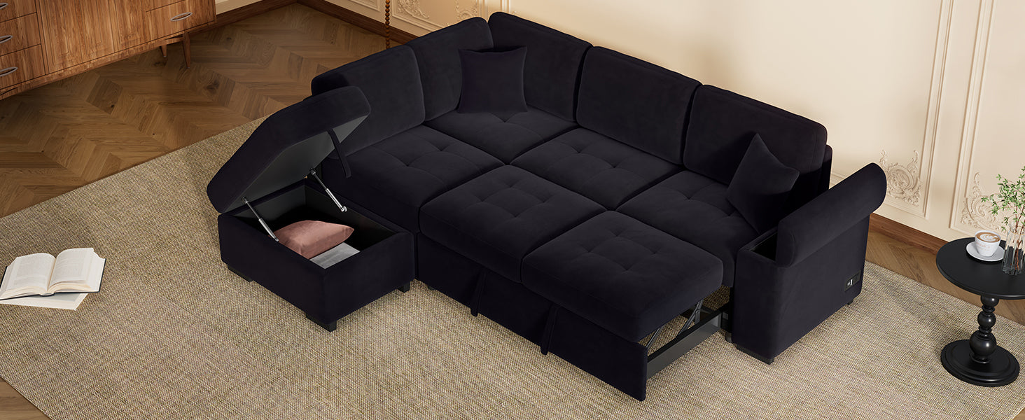 Sleeper Sectional Sofa, L Shape Corner Couch Sofa Bed With Storage Ottoman & Hidden Arm Storage & Usb Charge For Living Room Apartment, Black Black Velvet 4 Seat