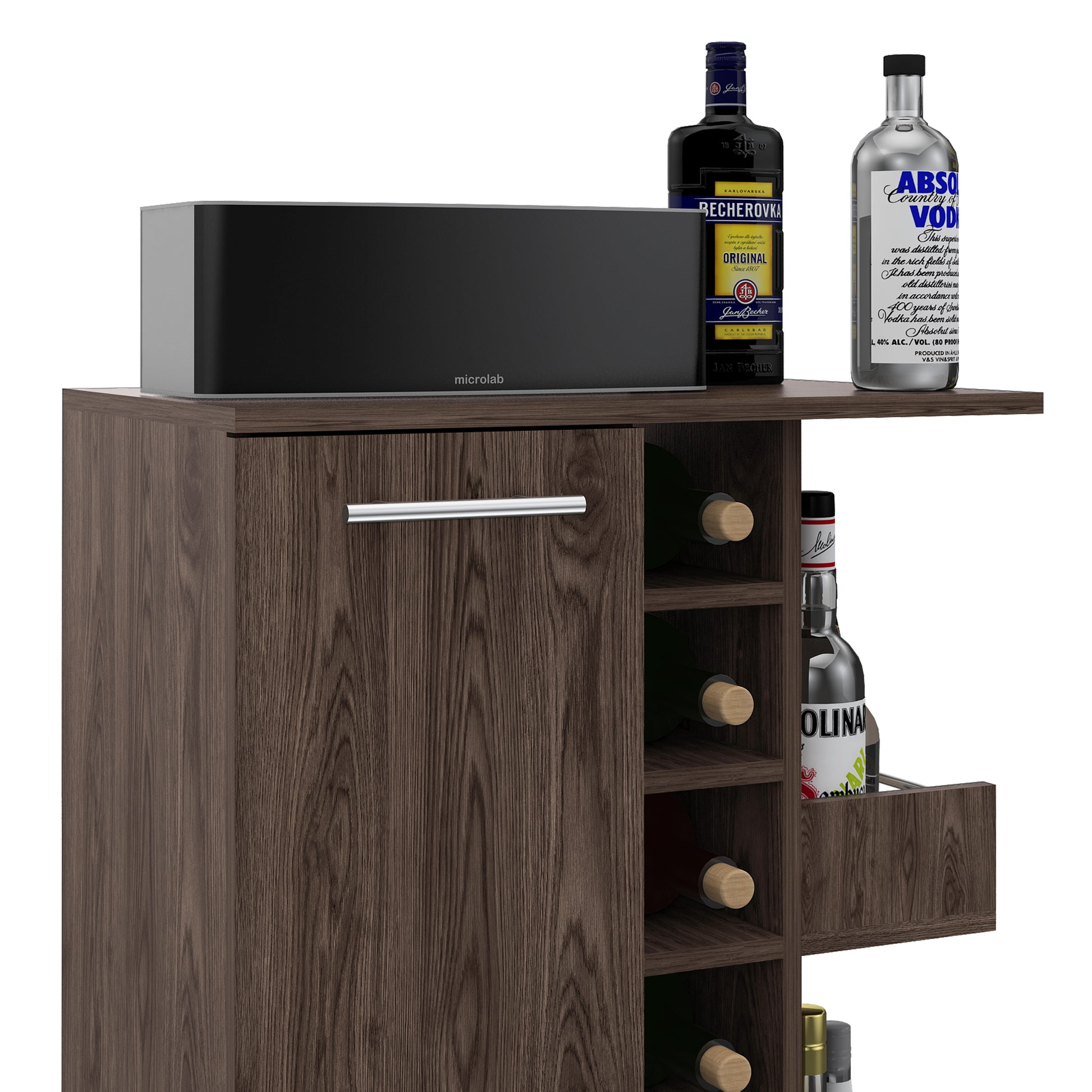 Tennessee Bar Cart, One Cabinet With Division, Six Cubbies For Liquor, Two Shelves Brown Primary Living Space Modern Rectangular Stationary Kitchen Islands Particle Board Engineered Wood Medium 40 55In