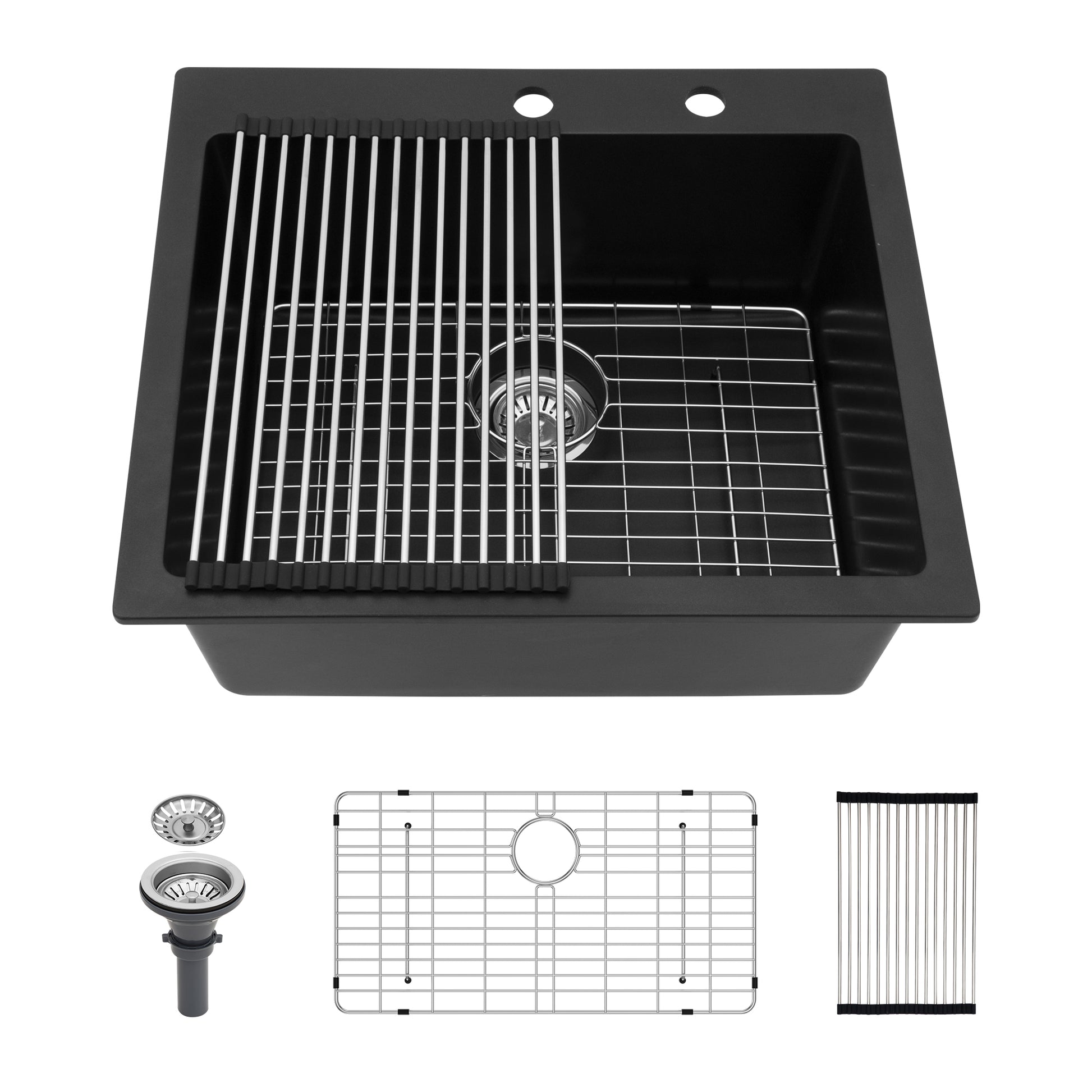 Quartz Kitchen Sink 25X22" Black Granite Composite Drop In Kitchen Sink Black Quartz