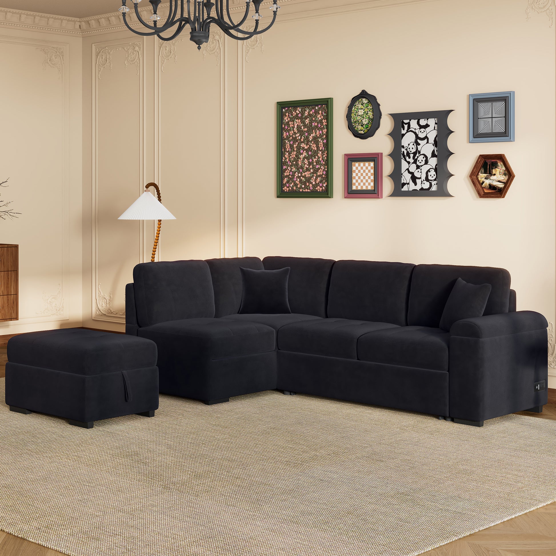 Sleeper Sectional Sofa, L Shape Corner Couch Sofa Bed With Storage Ottoman & Hidden Arm Storage & Usb Charge For Living Room Apartment, Black Black Velvet 4 Seat