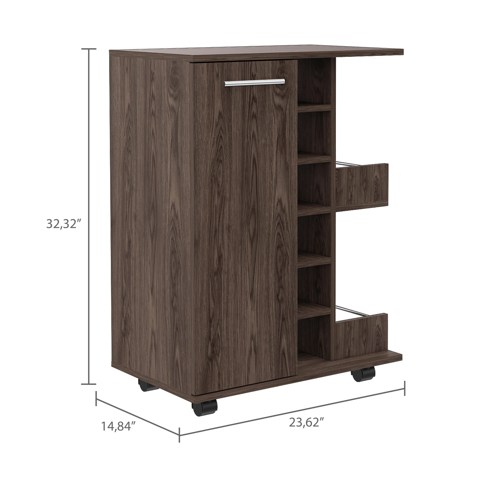 Bar Cart, Two External Shelves, Four Casters, Six Built In Wine Rack, Single Door Cabinet Dark Walnut Brown Dining Room Modern Particle Board Particle Board