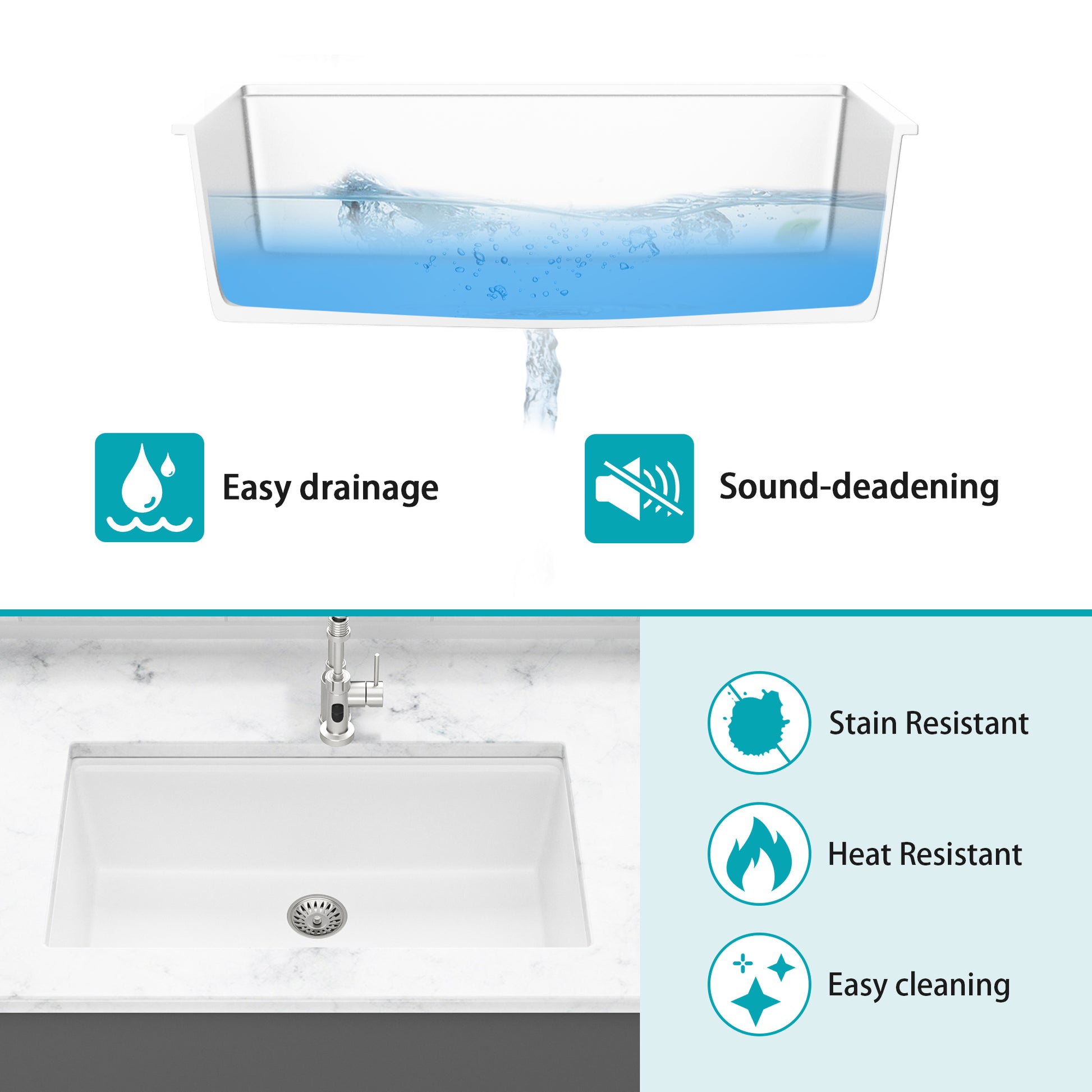 Quartz Kitchen Sink 32X19" White Granite Composite Workstation Undermount Kitchen Sink White Quartz