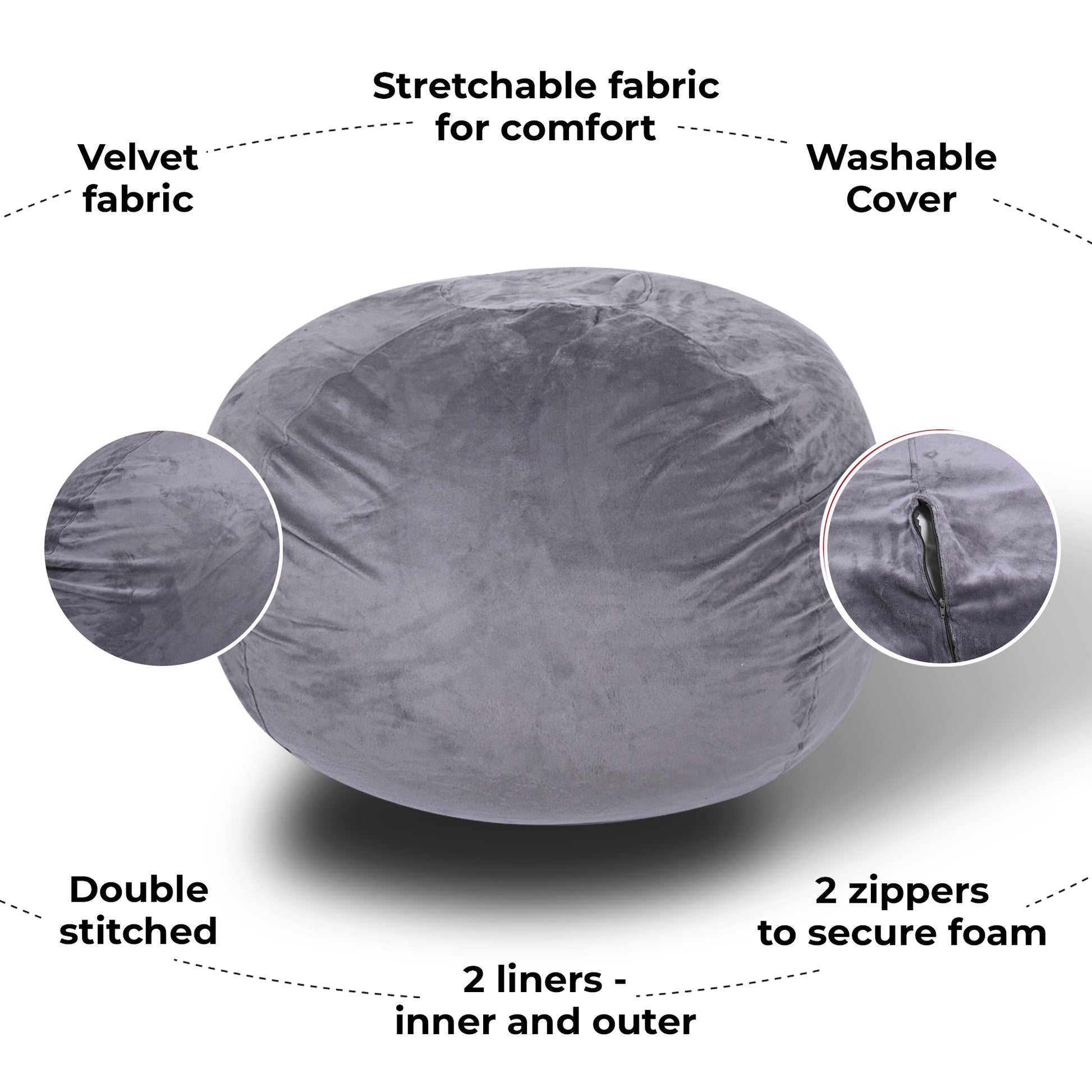 Minky Velvet Bean Bag Chair, Grey 3Ft Plush Floor Chair For Kids And Adults W Washable Cover, Lounge Chair With Stretchable Fabric, Comfy Bedroom Chair, Filled With Shredded And Memory Foam. Gray Velvet