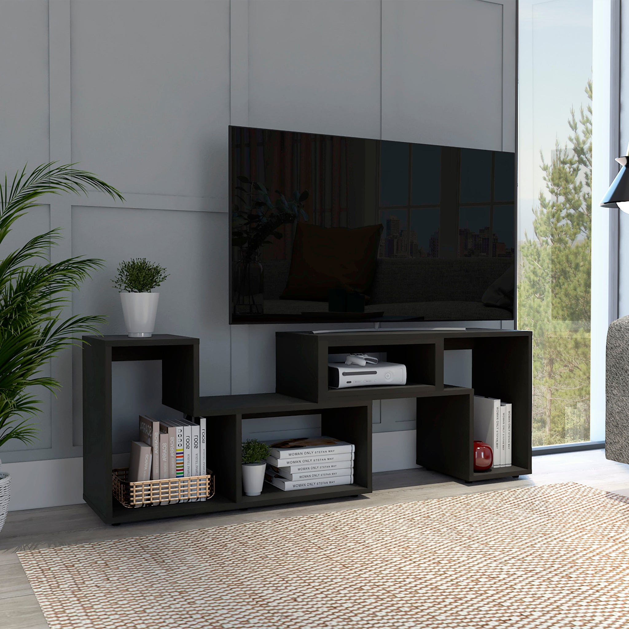 Being Extendable Tv Stand, Multiple Shelves Black Black Primary Living Space 50 59 Inches Particle Board Particle Board