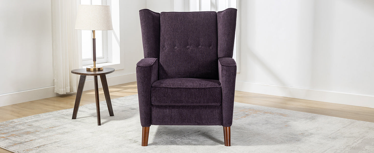 Mid Century Chenille Wingback Recliner Chair, Button Tufted Design Pushback Recliner Chair With Armrest And Solid Wood Legs, For Bedroom Living Room, Purple Purple Chenille