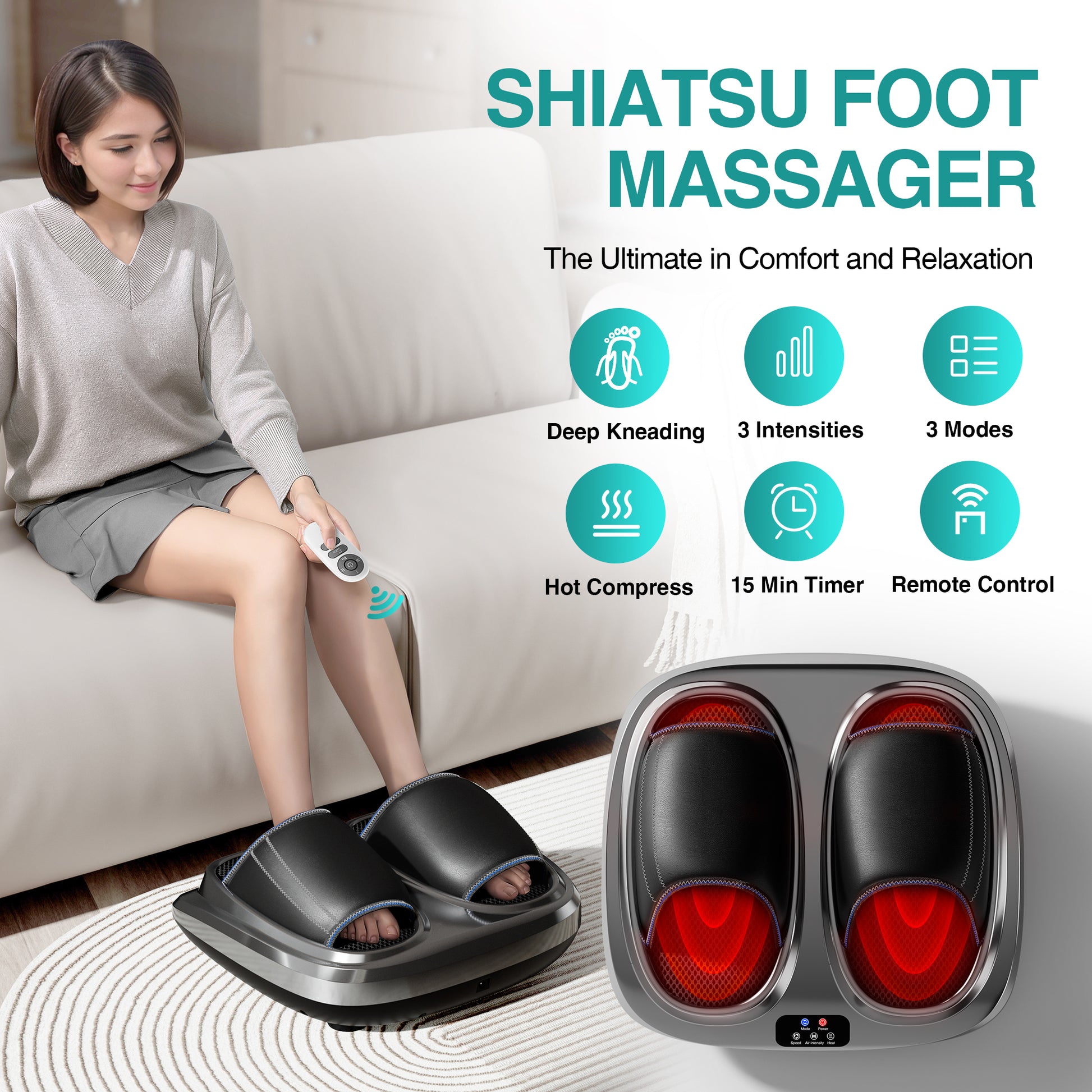 Shiatsu Foot Massager With Heat And Deep Kneading Therapy, Air Compression, Vibration For Pain Relief And Circulation, Open Toe Style,Home Or Office Use Grey Abs Abs Pc