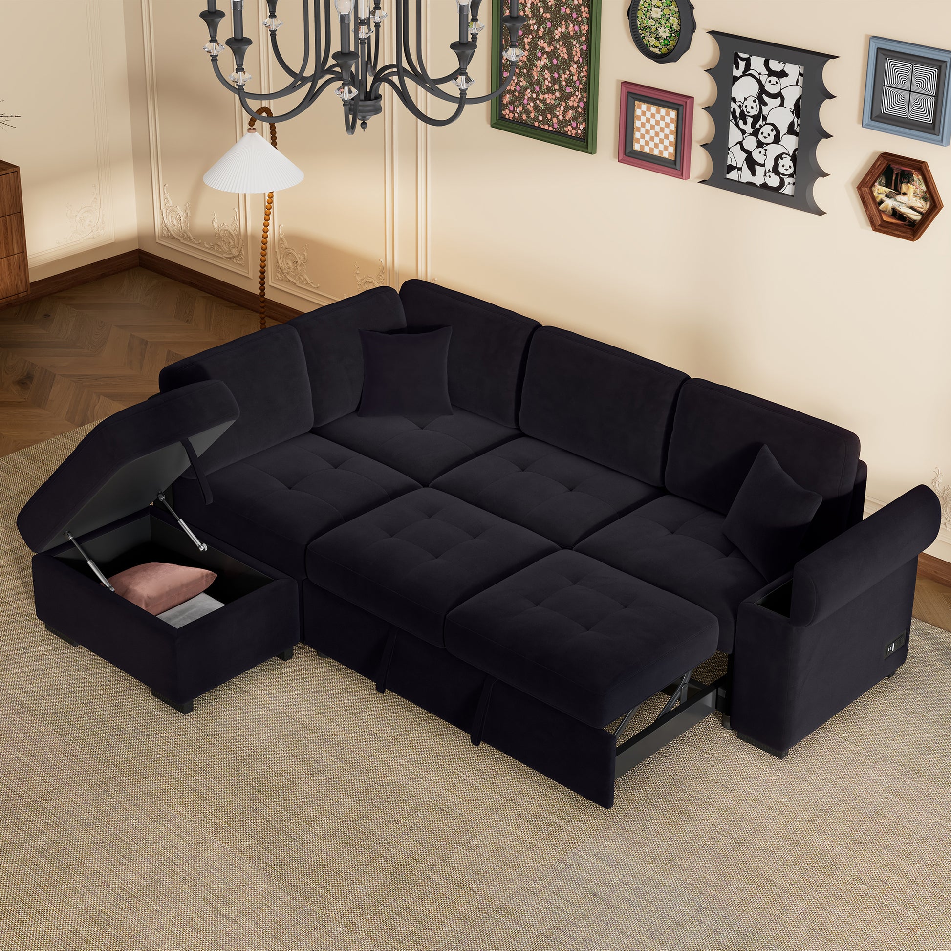 Sleeper Sectional Sofa, L Shape Corner Couch Sofa Bed With Storage Ottoman & Hidden Arm Storage & Usb Charge For Living Room Apartment, Black Black Velvet 4 Seat