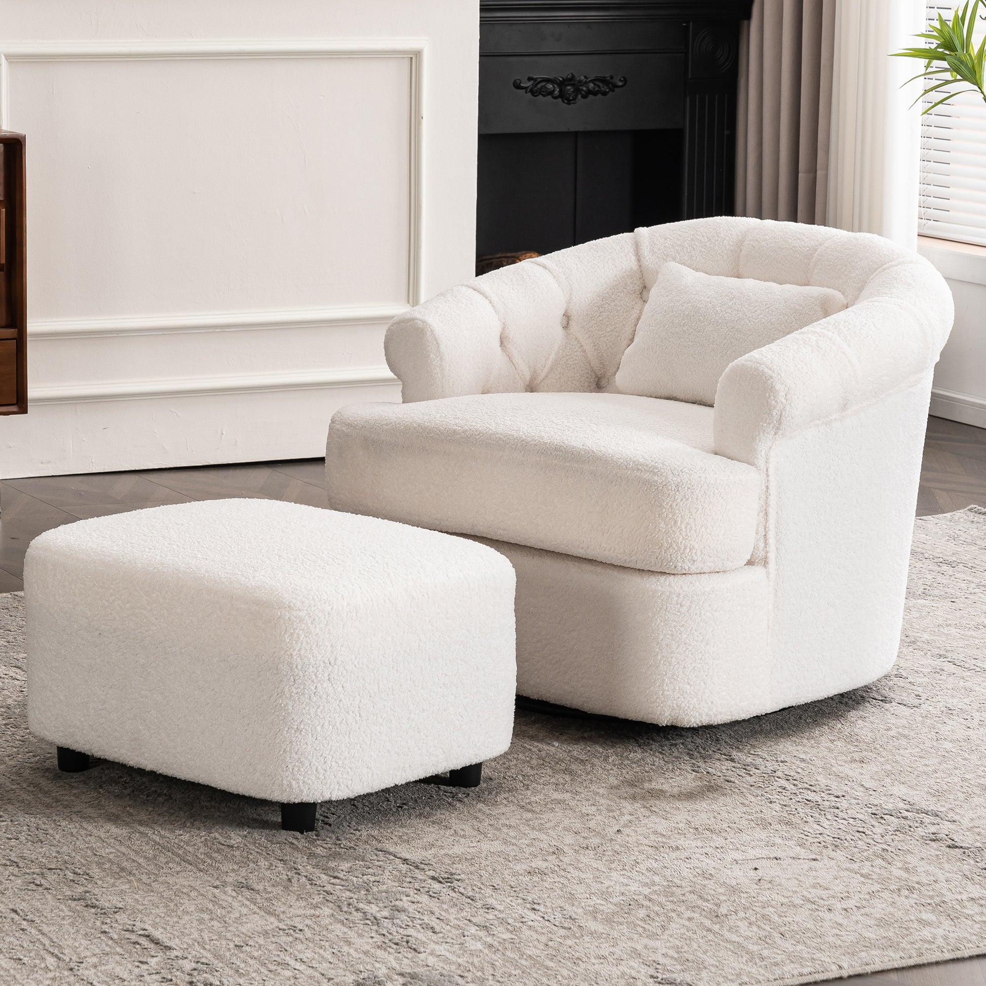 Swivel Chair With Ottoman, Modern Luxury Velvet Swivel Accent Chair, Comfy Round Armchair, Single Sofa Armchair With Lounge Seat For Bedroom Office Reading Spaces,Set Of 1,Off White Beige Teddy