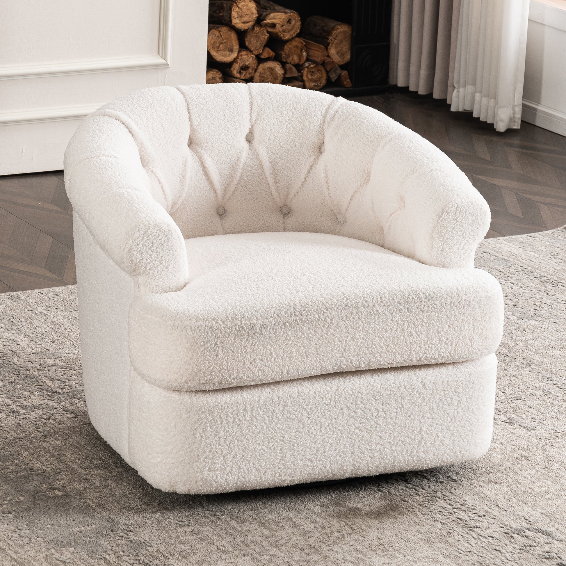 Swivel Chair With Ottoman, Modern Luxury Velvet Swivel Accent Chair, Comfy Round Armchair, Single Sofa Armchair With Lounge Seat For Bedroom Office Reading Spaces,Set Of 1,Off White Beige Teddy