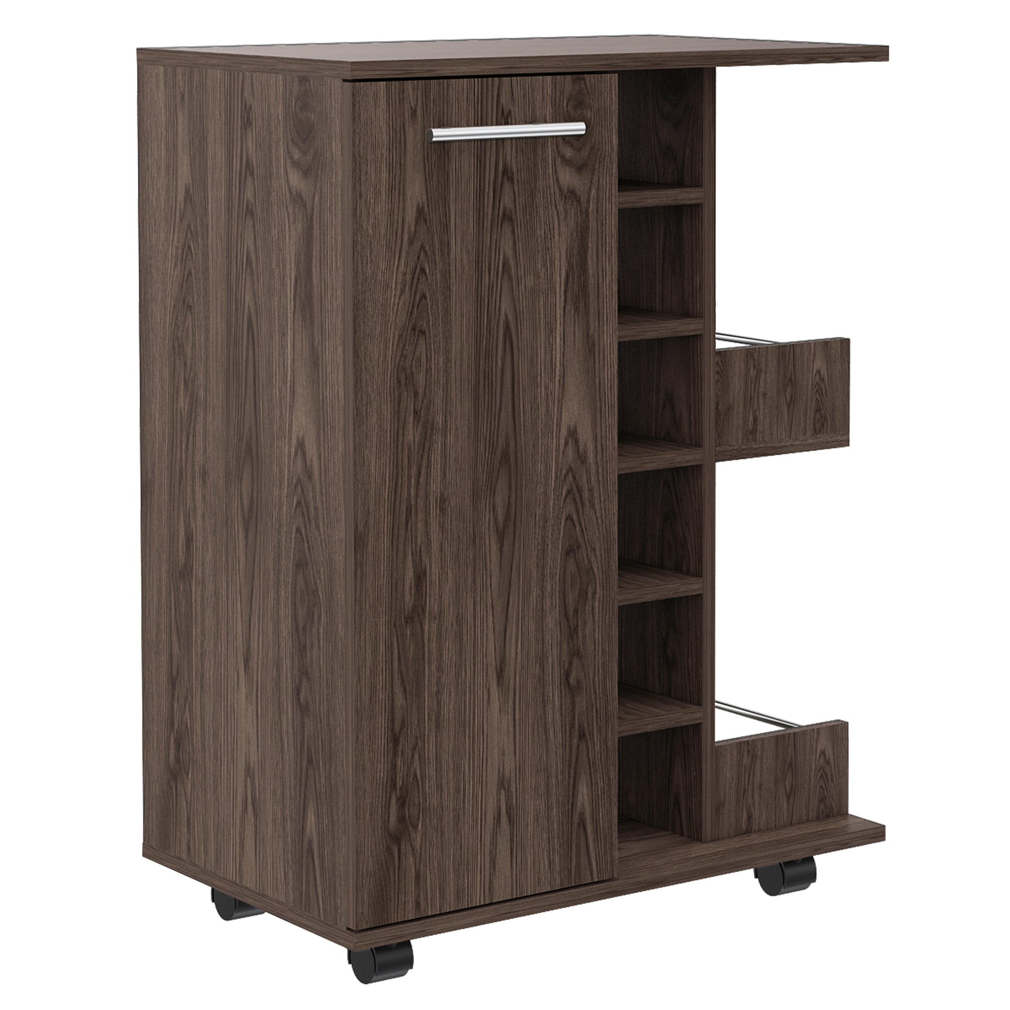 Tennessee Bar Cart, One Cabinet With Division, Six Cubbies For Liquor, Two Shelves Brown Primary Living Space Modern Rectangular Stationary Kitchen Islands Particle Board Engineered Wood Medium 40 55In