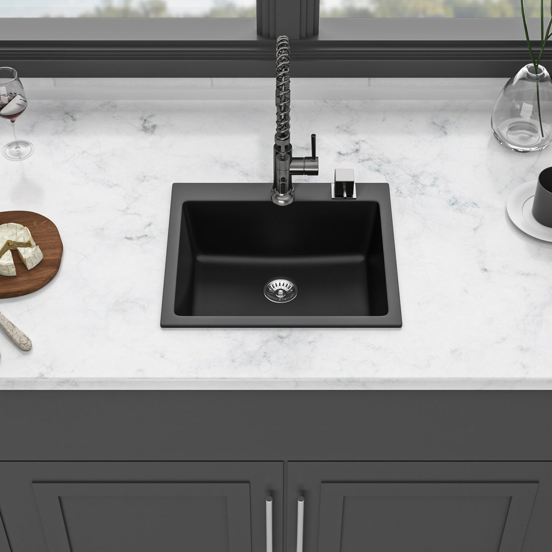 Quartz Kitchen Sink 25X22" Black Granite Composite Drop In Kitchen Sink Black Quartz