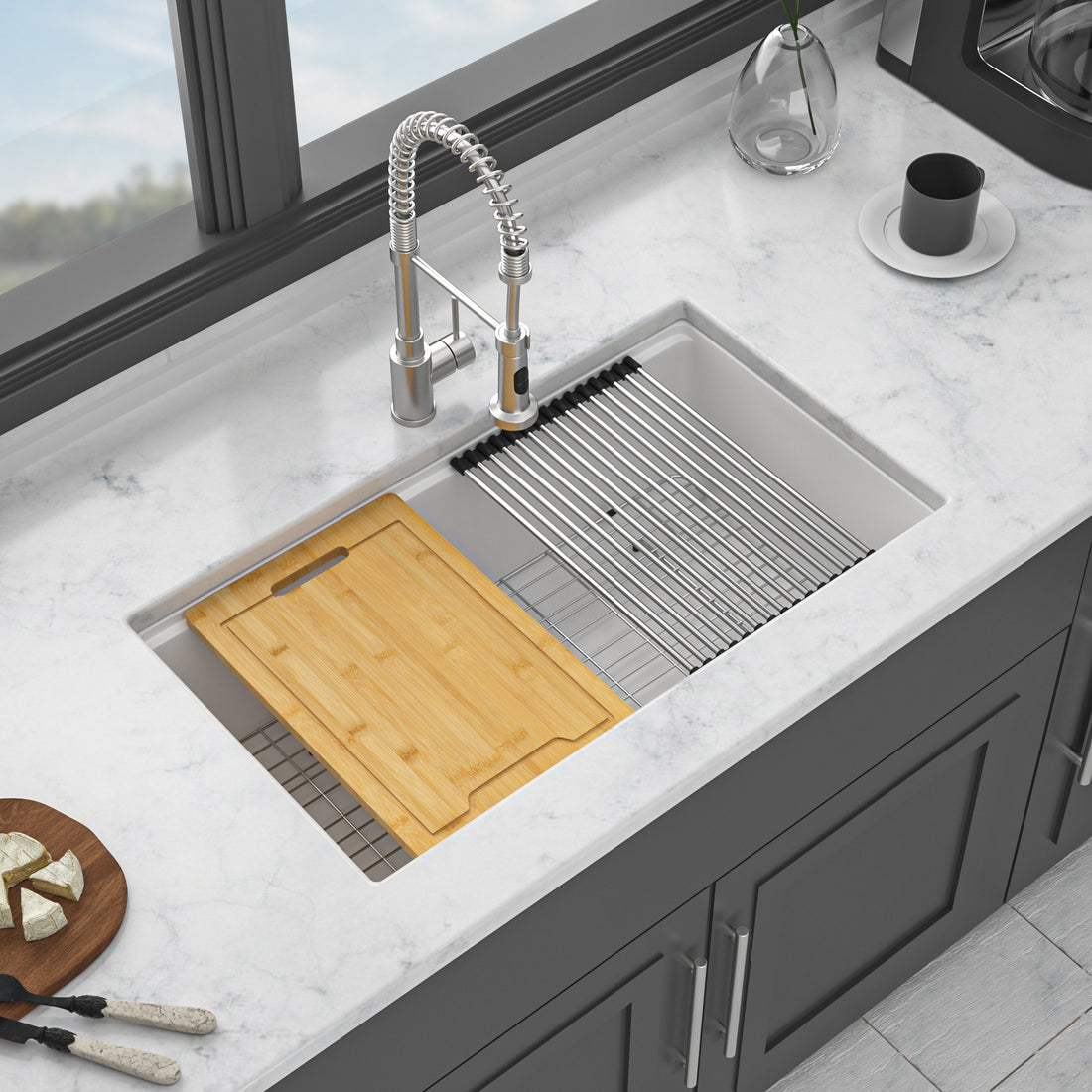 Quartz Kitchen Sink 33X19" White Granite