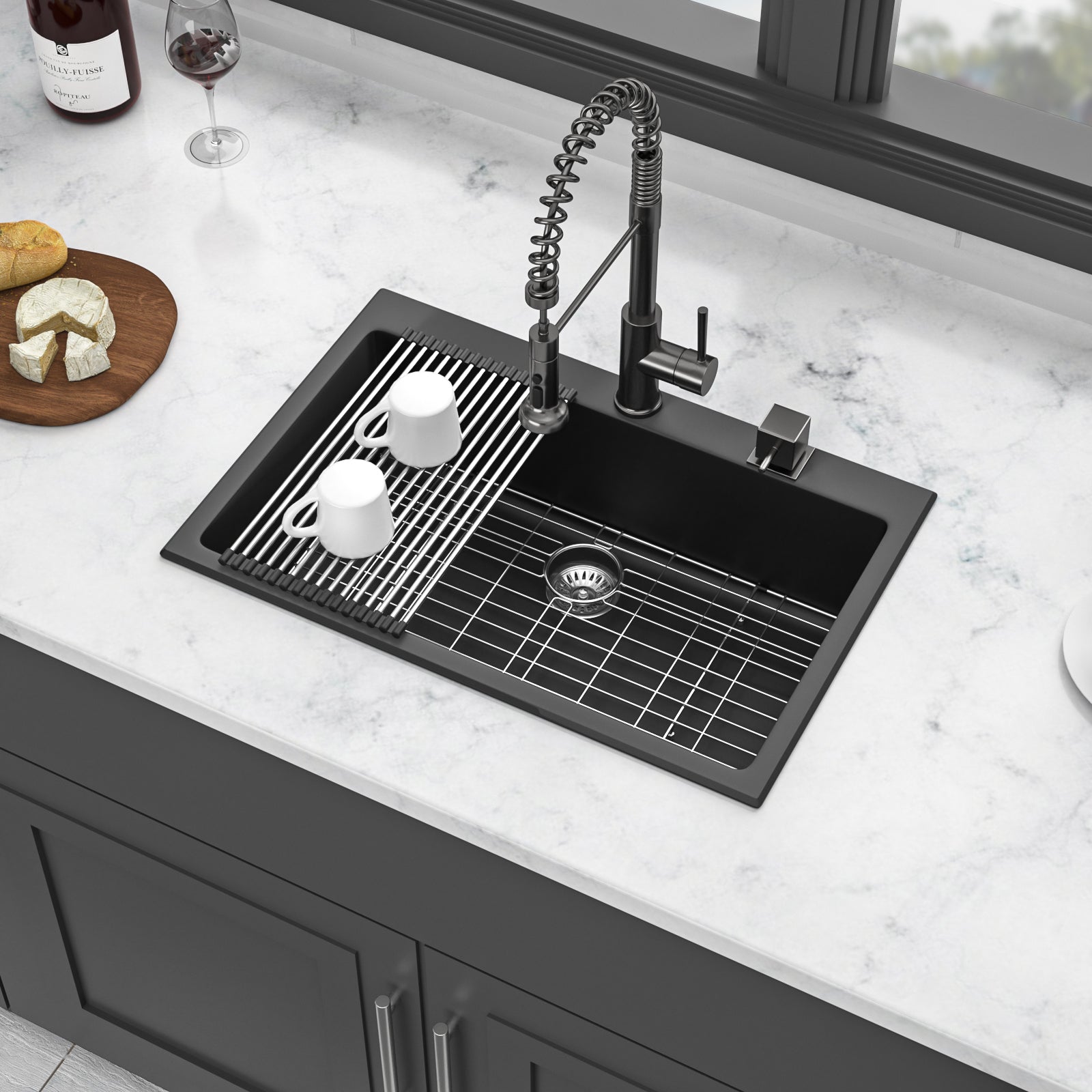 Quartz Kitchen Sink 33X22" Black Granite