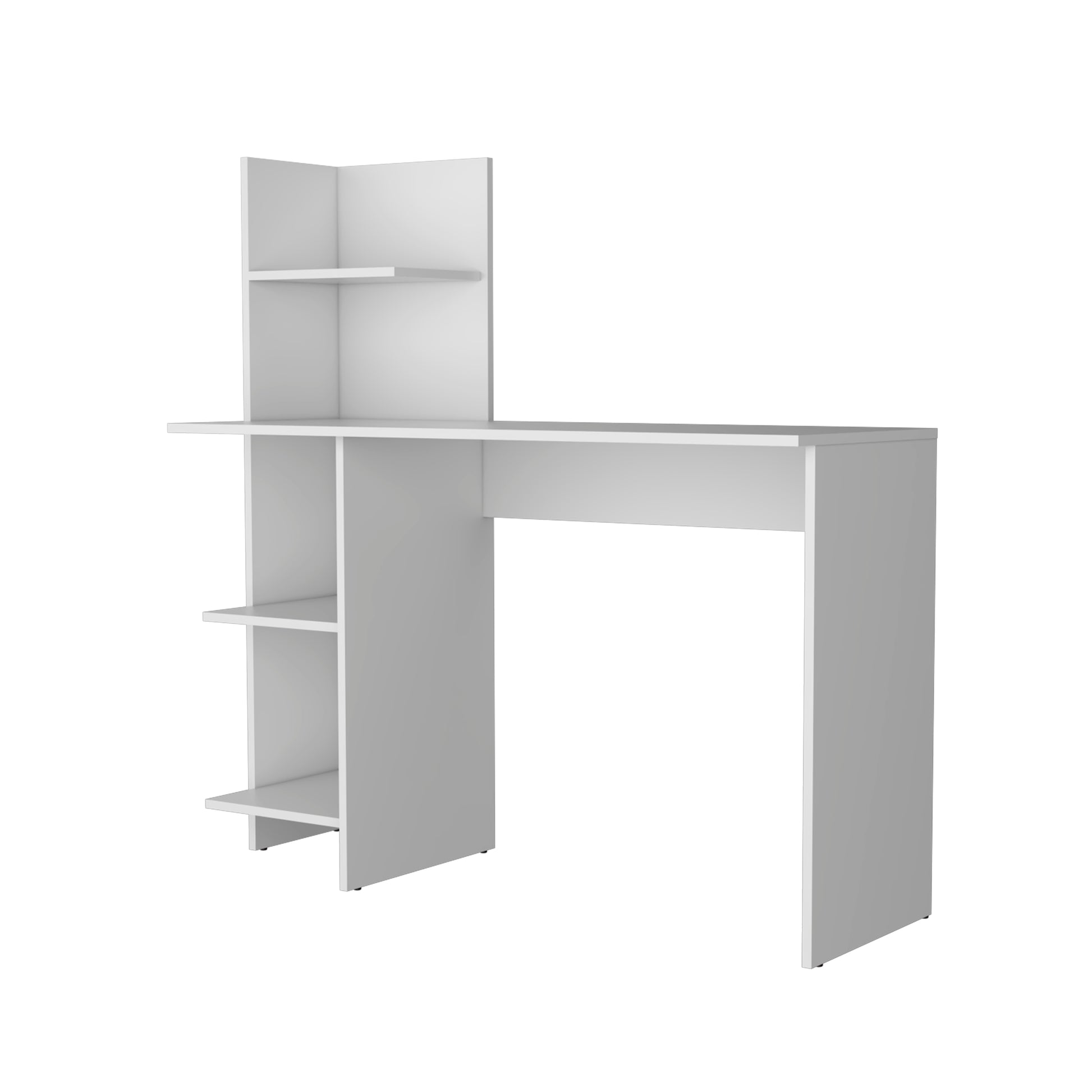 Tecoa Writing Desk, Four Shelves White Office Modern Freestanding Pine Open Storage Computer Tables Particle Board Engineered Wood