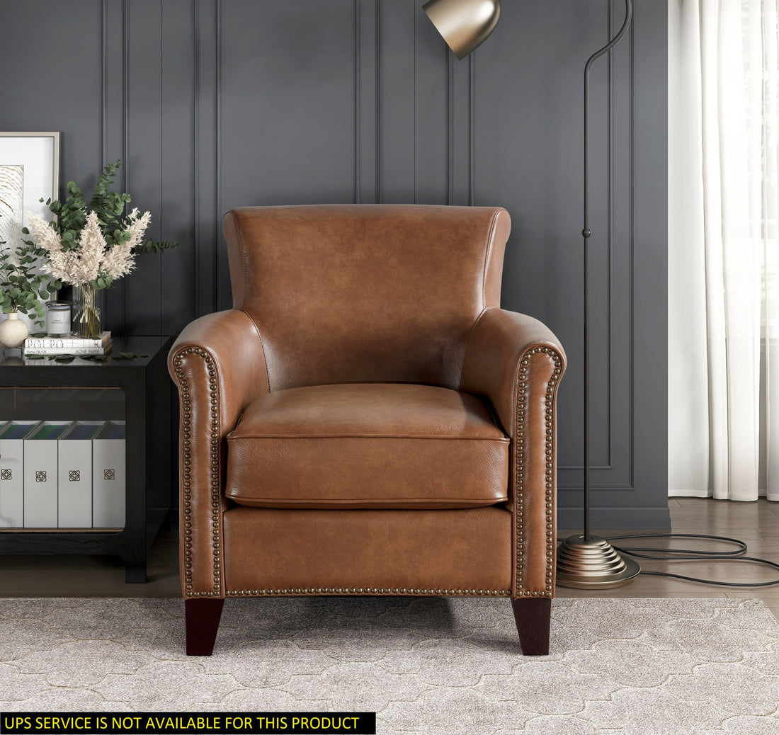 Traditional Brown Leather Accent Chair 1Pc Solid Wood Frame Top Grain Leather Trim Classic Modern Living Room Furniture Brown Primary Living Space Classic,Traditional,Transitional Solid Wood
