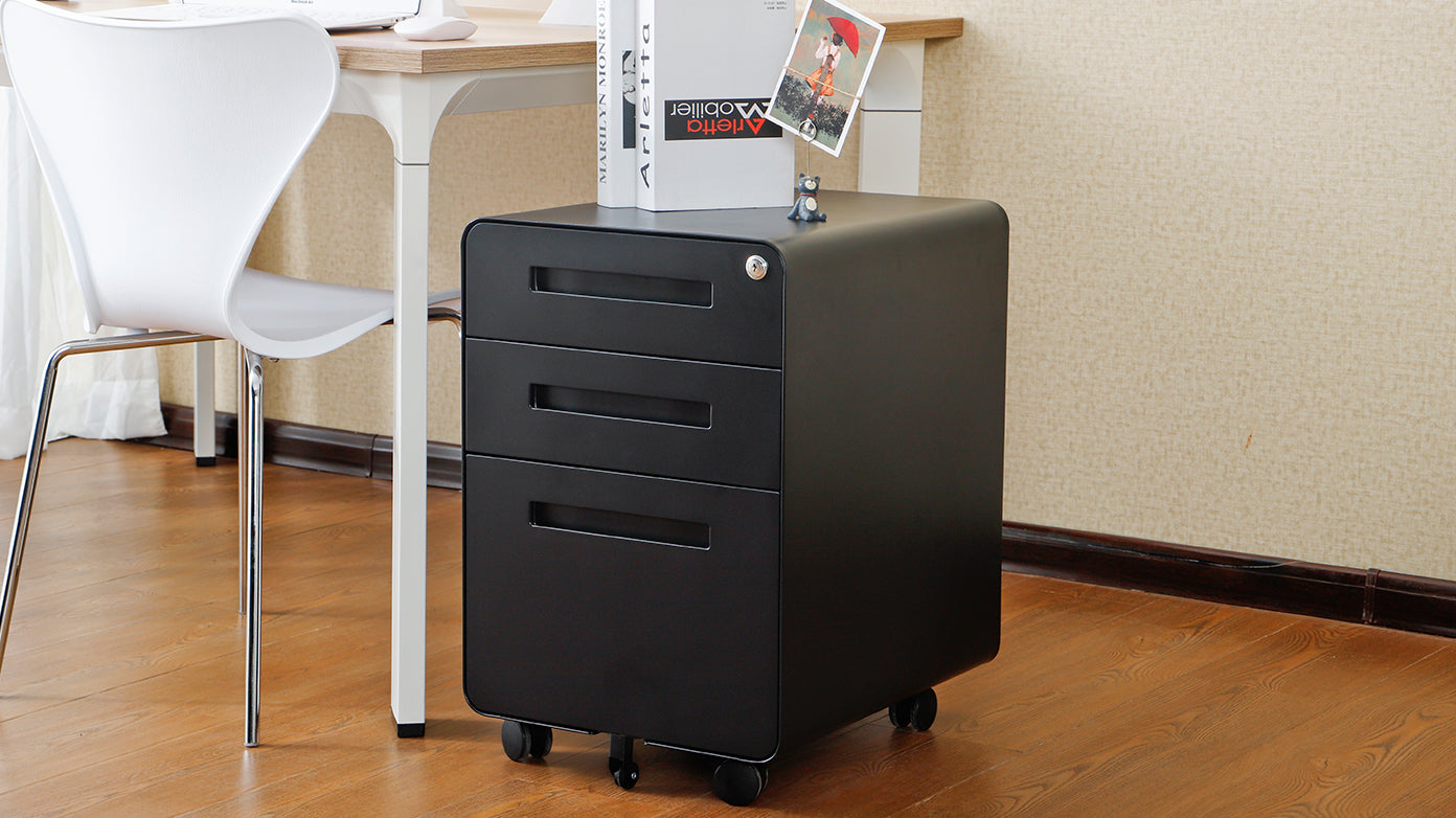 3 Drawer Mobile File Cabinet Under Desk Office,Simple Style Versatile Storage Cabinet For Legal Letter A4 Files, 5 Wheel Design Anti Tilting Cold Rolled Steel Waterproof Moisture Proof Black Mobile File Cabinets 3 4 Drawers Black Office Mobile Modern