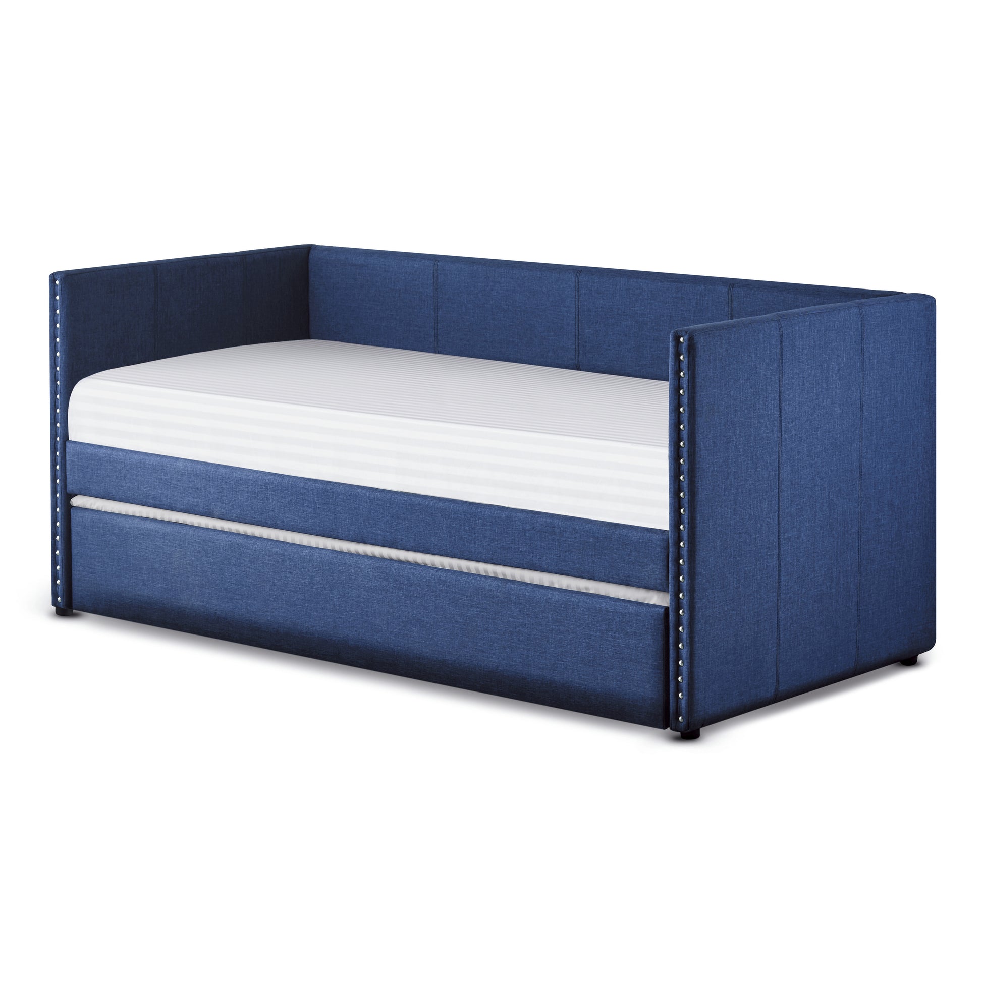 Blue Fabric Upholstered 1Pc Day Bed With Pull Out Trundle Trim Wood Frame Furniture Twin Box Spring Not Required Blue Wood Bedroom Polyester Wood