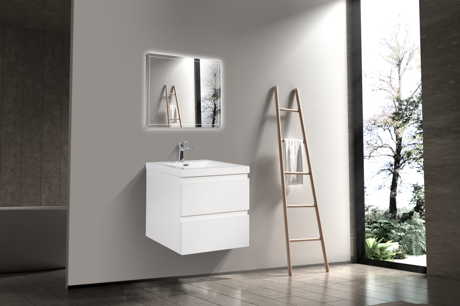 24'' Wall Hung Bathroom Vanity In Gloss White With White Top Glossy White Mdf