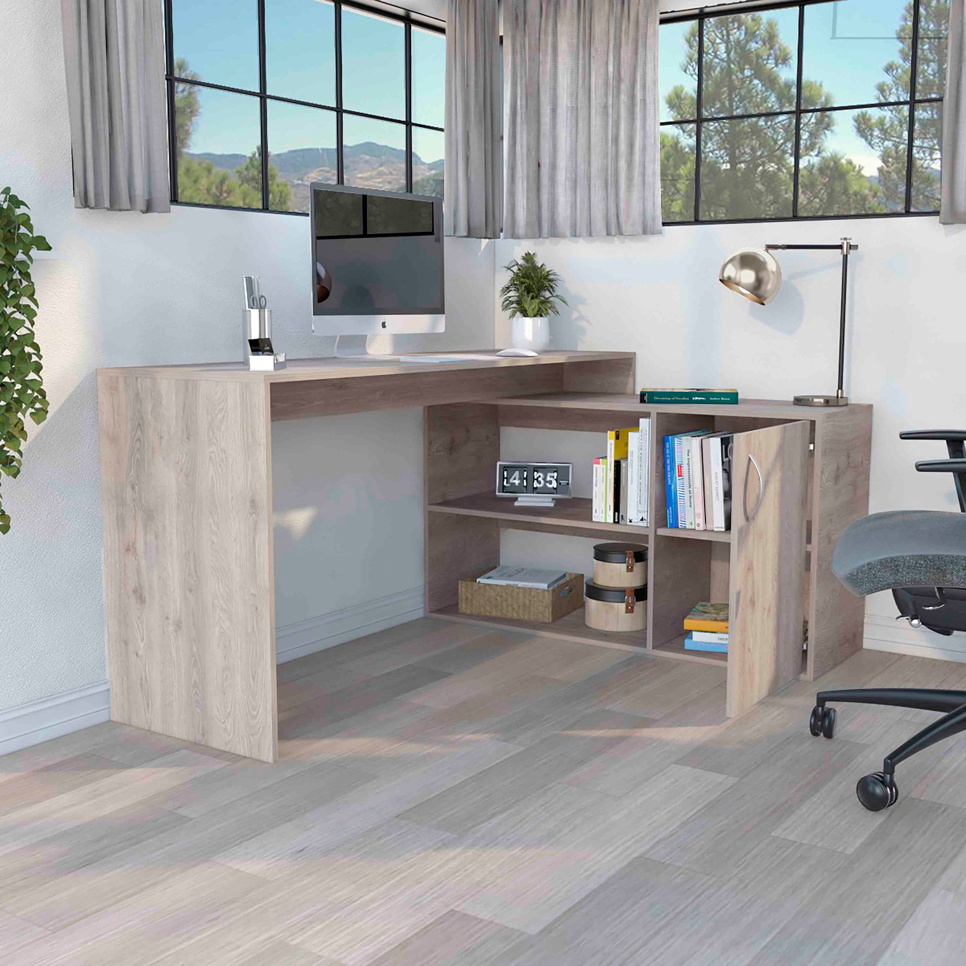 Axis Modern L Shaped Computer Desk With Open & Closed Storage Light Gray Gray Computer Desk Office Modern Freestanding Rectangular Open Storage Desk Rectangular Particle Board Particle Board