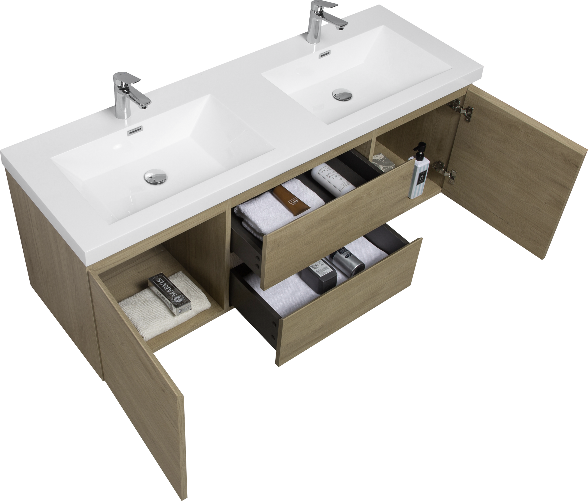 60'' Wall Hung Bathroom Vanity In Natural Oak With White Top 24Vangela 60 6066 Oak Mdf